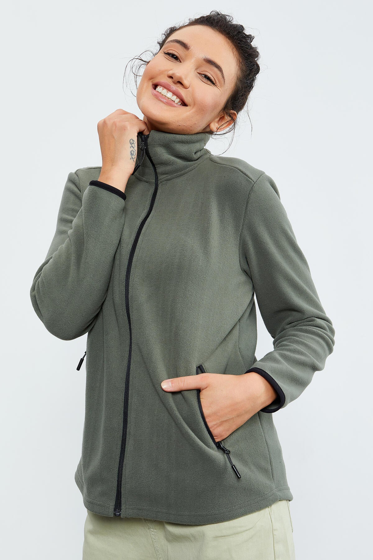 Image of Çağla Dik Yaka Fermuarlı Rahat Form Kadın Polar Sweatshirt - 97173