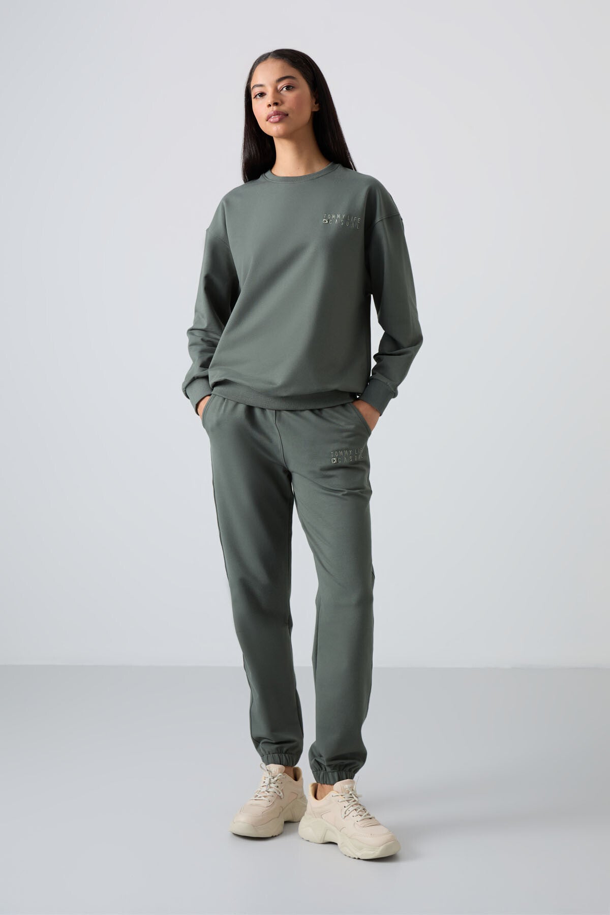 Image of Çağla Basic Cotton Crew Neck Oversize Elasticated Hem Women's Tracksuit Set - 95287