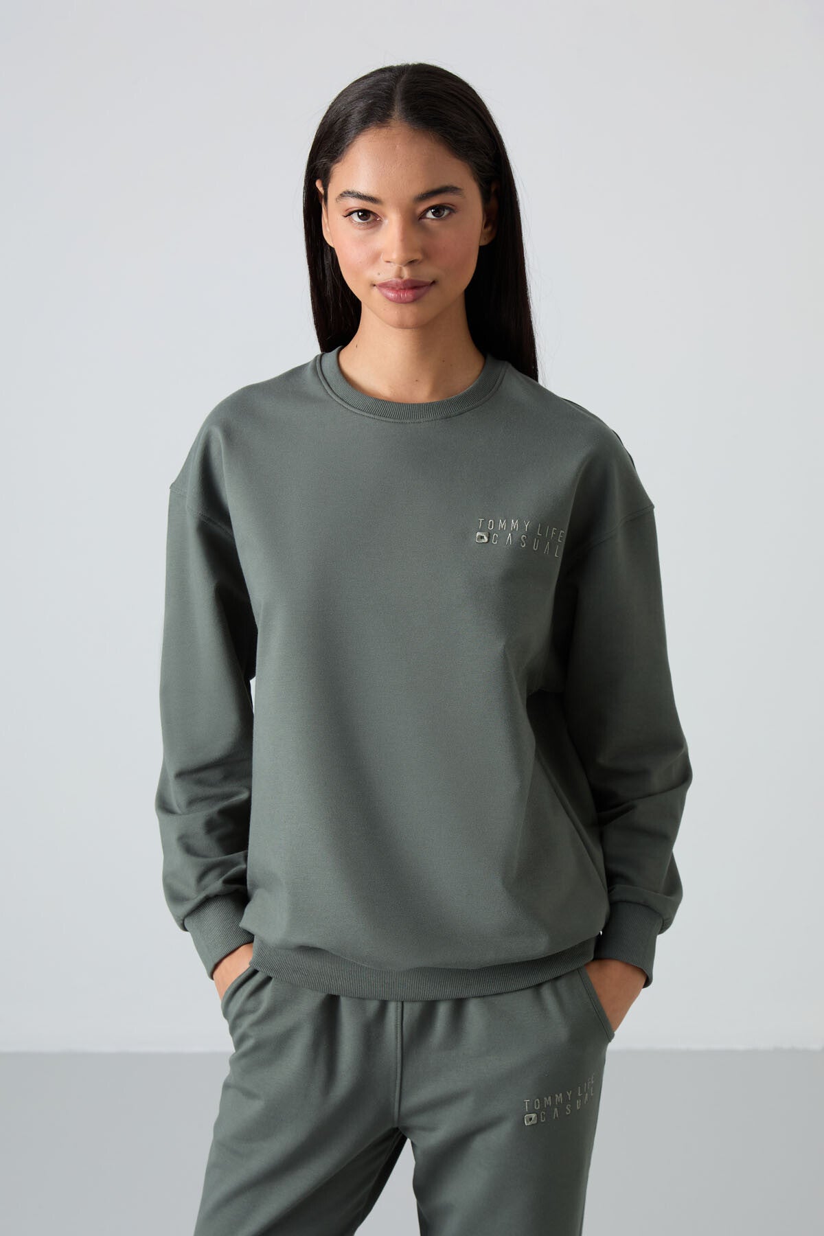 Image of Çağla Basic Pamuklu O Yaka Oversize Lastik Paça Kadın Eşofman Takım - 95287