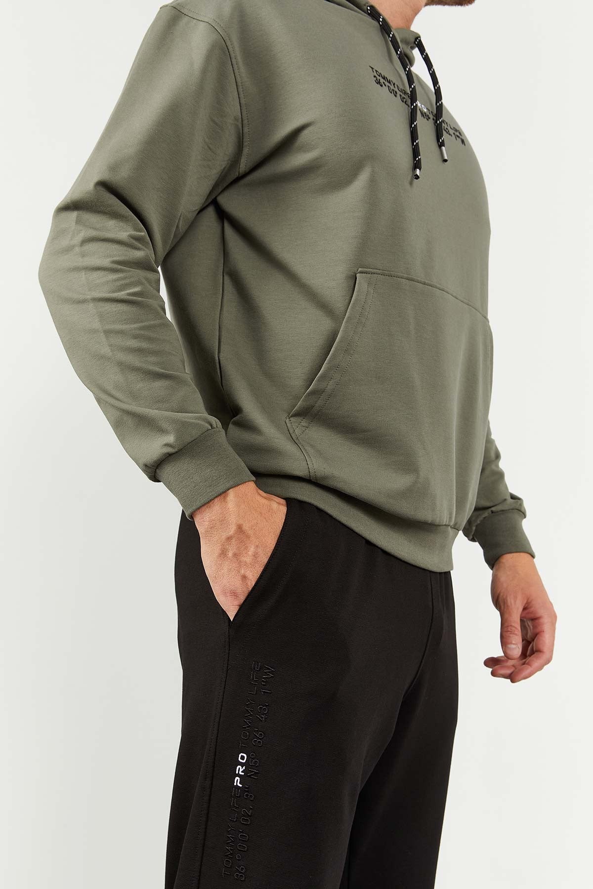 Image of Çağla - Siyah Kapüşonlu Kanguru Cep Lastik Paça Erkek Oversize Eşofman Takımı - 85117