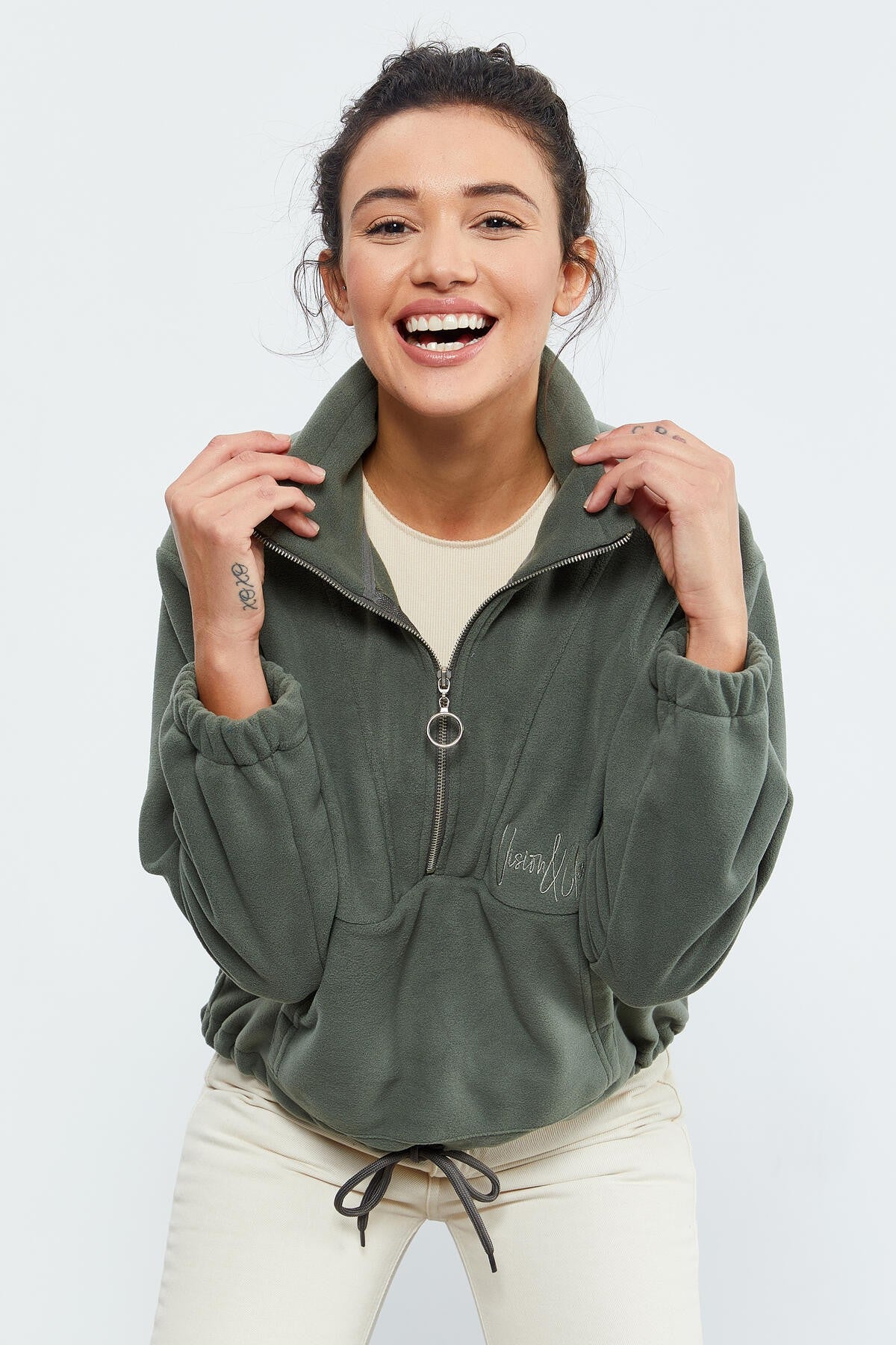 Image of Çağla Yarım Fermuar Etek Ucu Büzgülü Kadın Polar Oversize Sweatshirt - 97171
