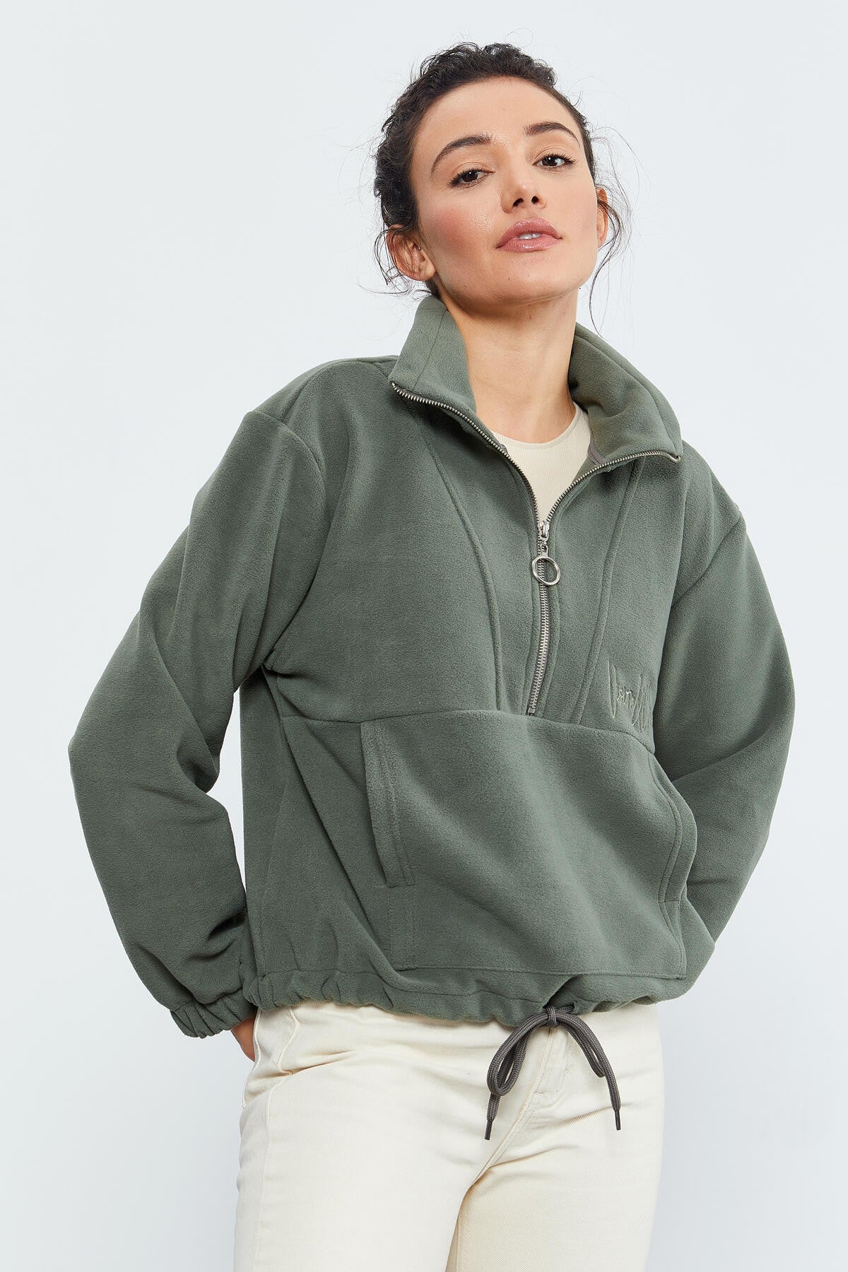 Image of Çağla Yarım Fermuar Etek Ucu Büzgülü Kadın Polar Oversize Sweatshirt - 97171