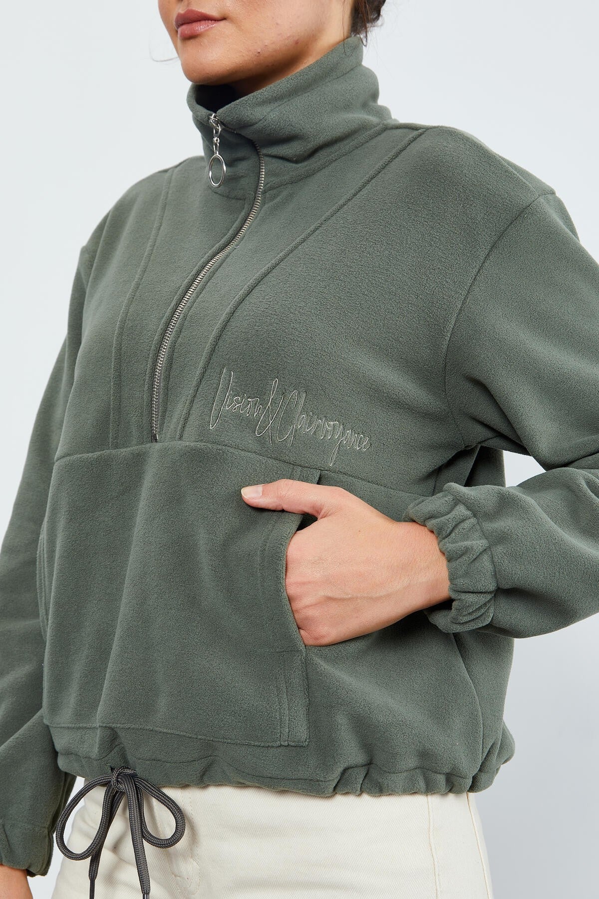 Image of Çağla Yarım Fermuar Etek Ucu Büzgülü Kadın Polar Oversize Sweatshirt - 97171