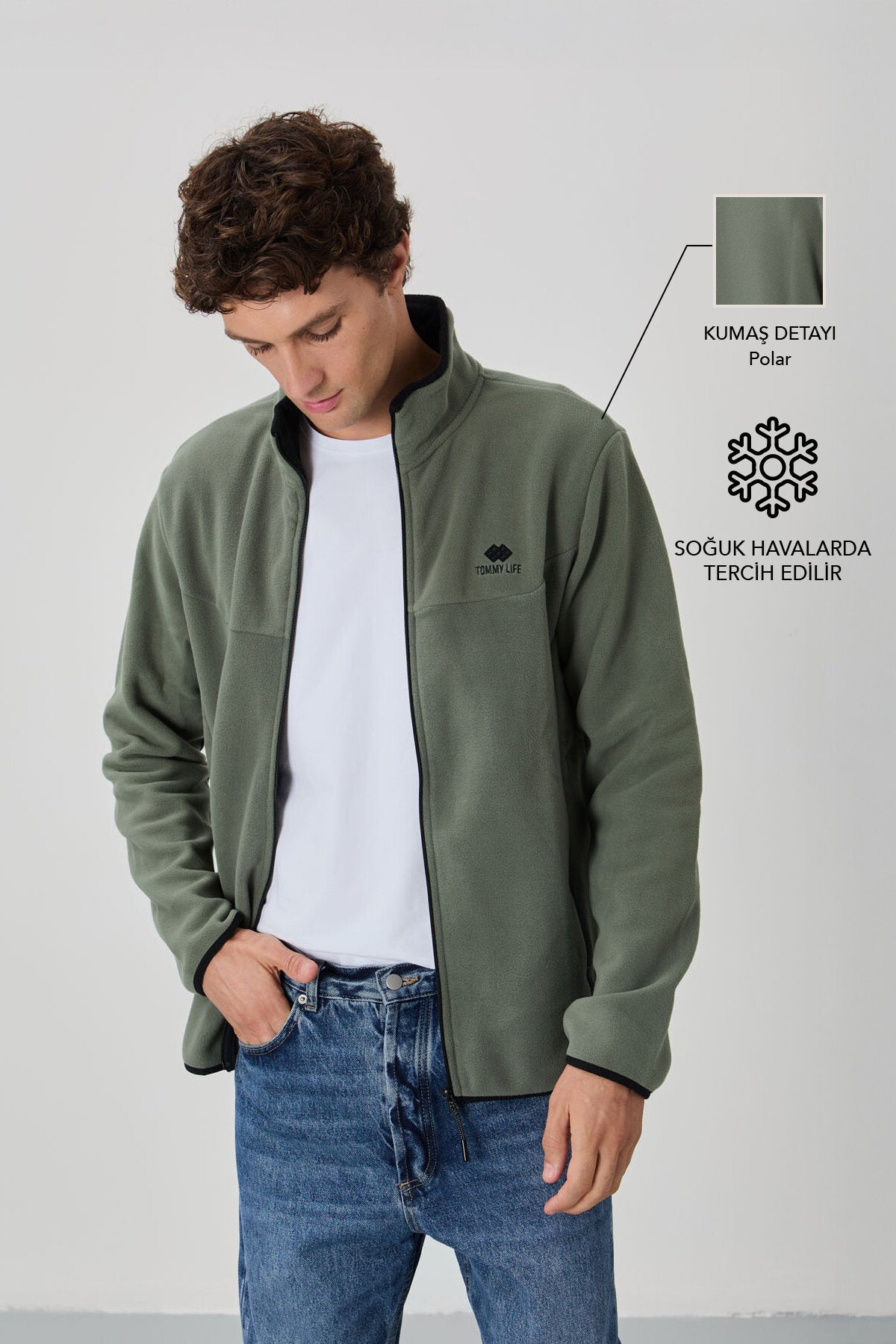 Image of Çağla Yazı Nakışlı Dik Yaka Fermuarlı Standart Kalıp Erkek Sweatshirt Polar - 87992