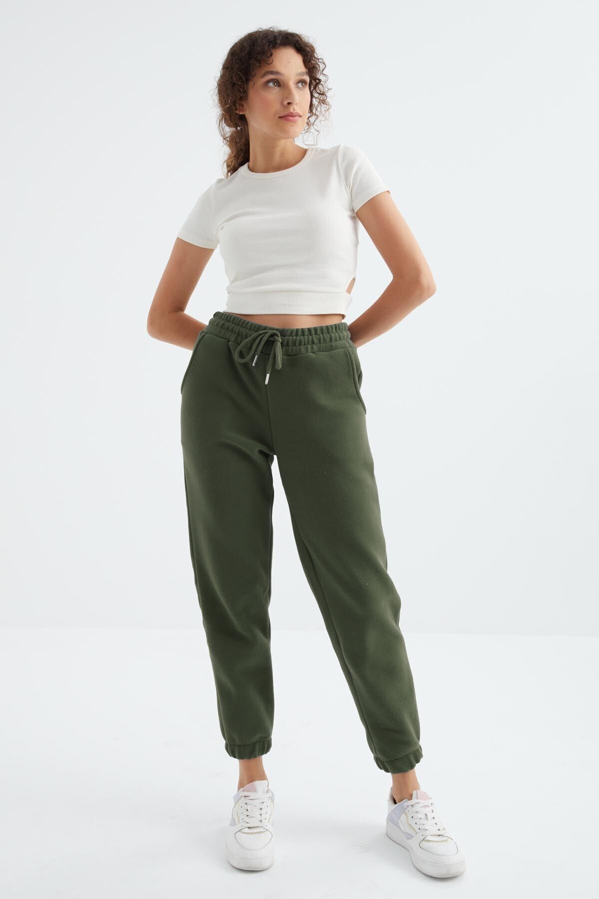 Image of Çağla Yüksek Bel Basic Bağcıklı Jogger Polar Kadın Eşofman Alt - 94622