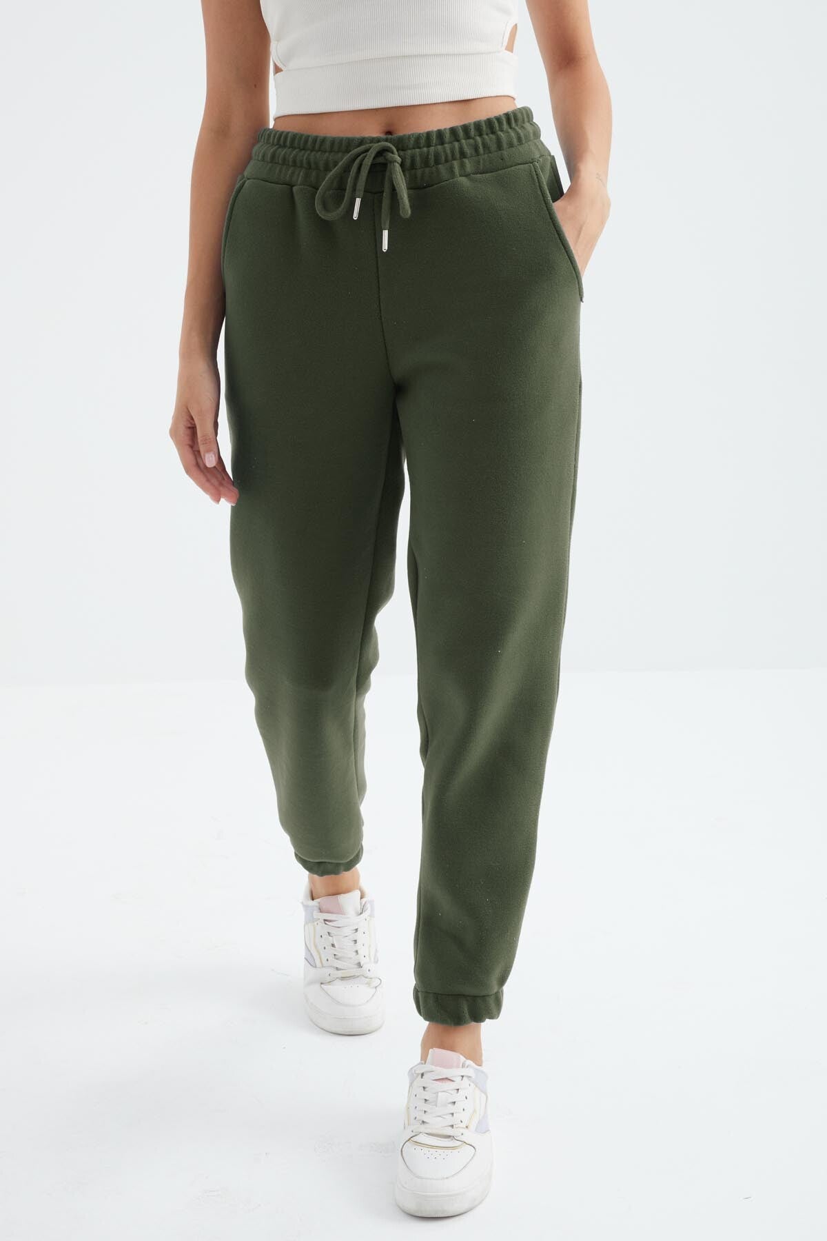 Image of Çağla Yüksek Bel Basic Bağcıklı Jogger Polar Kadın Eşofman Alt - 94622
