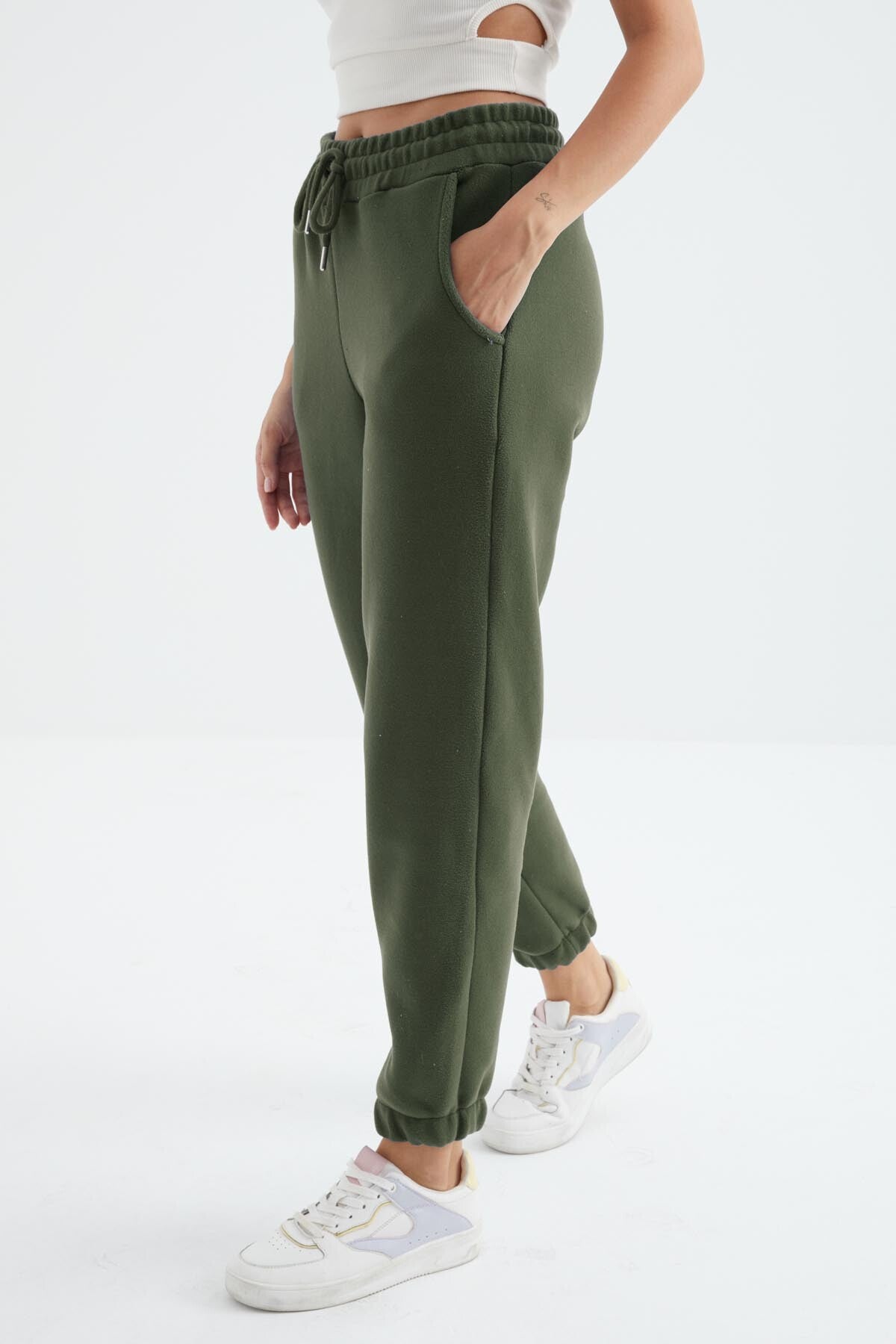 Image of Çağla Yüksek Bel Basic Bağcıklı Jogger Polar Kadın Eşofman Alt - 94622