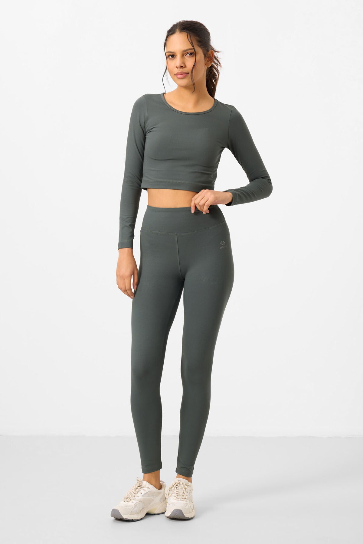Image of Çağla Yüksek Bel Uzun Kollu Slim Fit Crop Top Kadın Tayt Takım - 95286