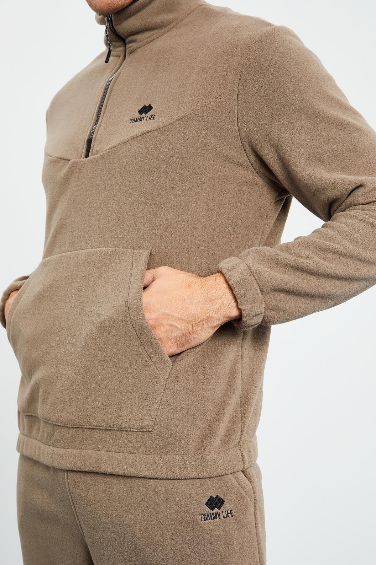 Image of Camel Yarım Fermuar Dik Yaka Lastik Paça Polar Erkek Eşofman Takımı - 85159
