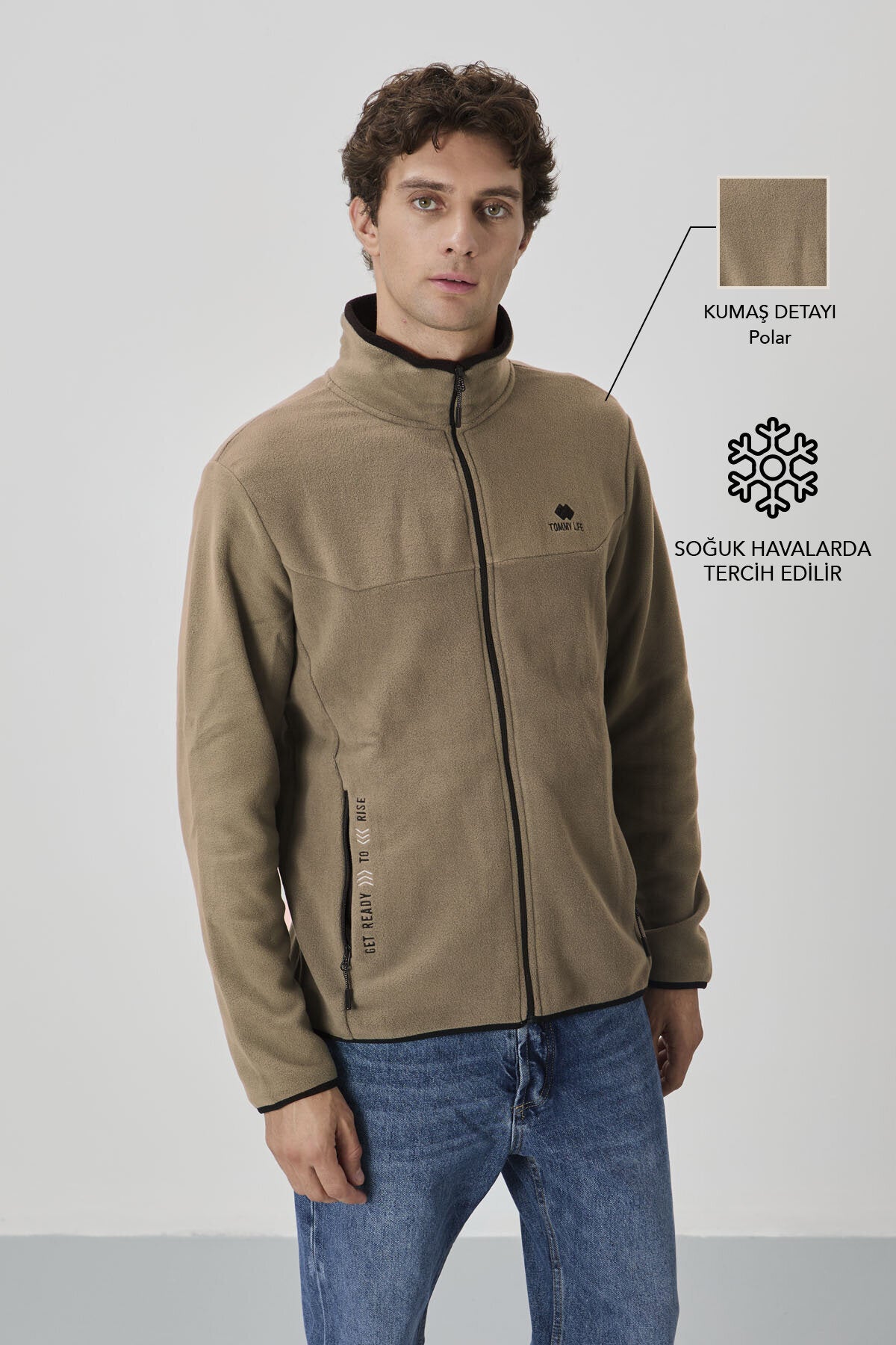 Image of Camel Yazı Nakışlı Dik Yaka Fermuarlı Standart Kalıp Erkek Sweatshirt Polar - 87992