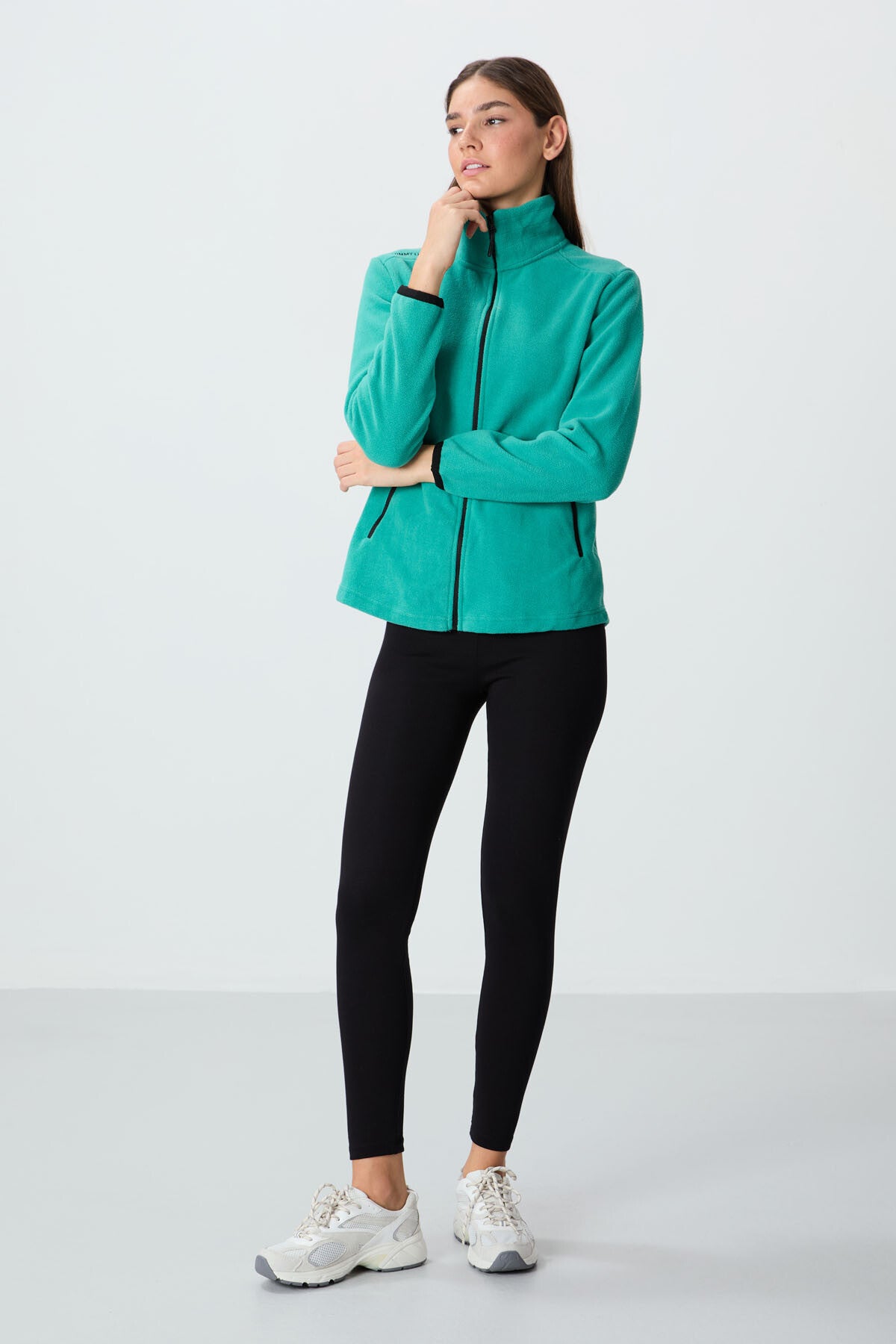 Image of Deniz Yeşili Dik Yaka Fermuarlı Rahat Form Kadın Polar Sweatshirt - 97173