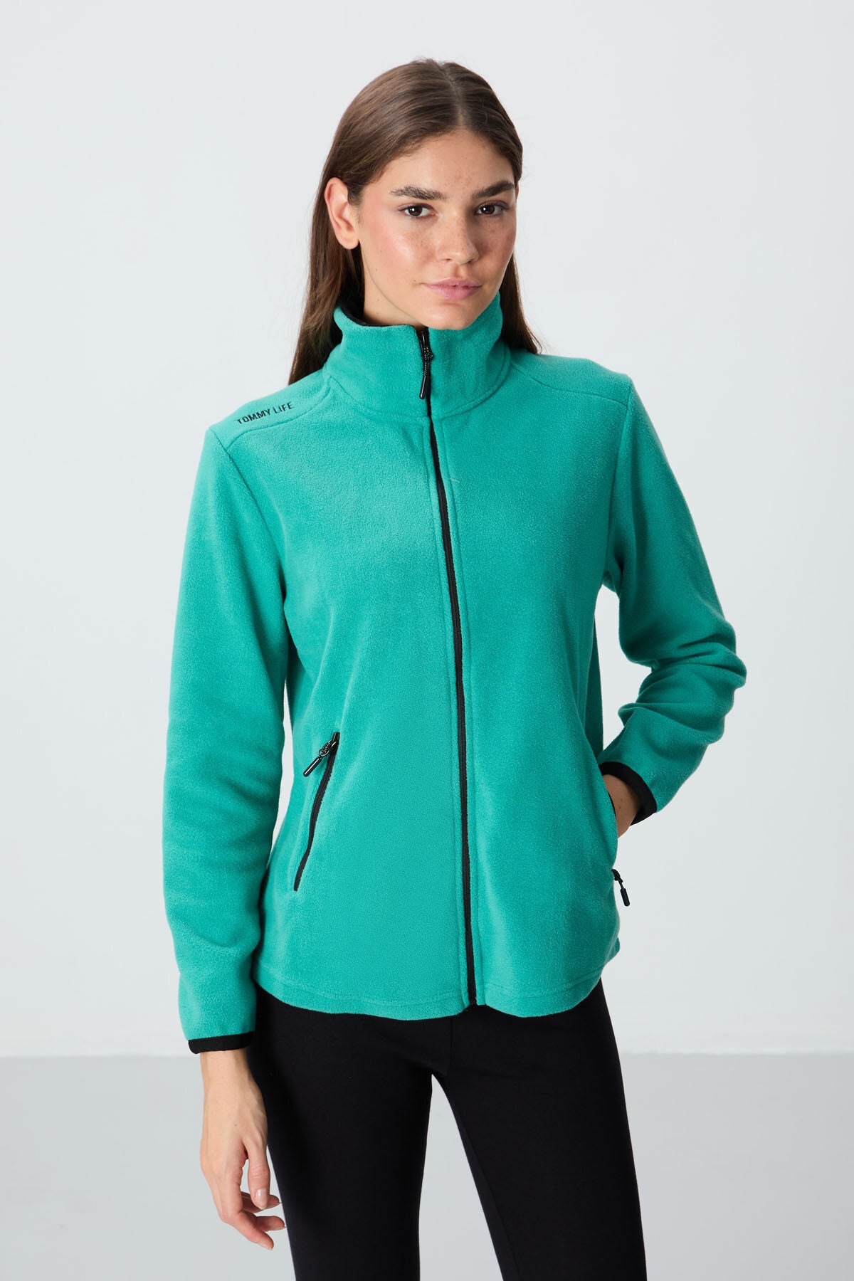 Image of Deniz Yeşili Dik Yaka Fermuarlı Rahat Form Kadın Polar Sweatshirt - 97173