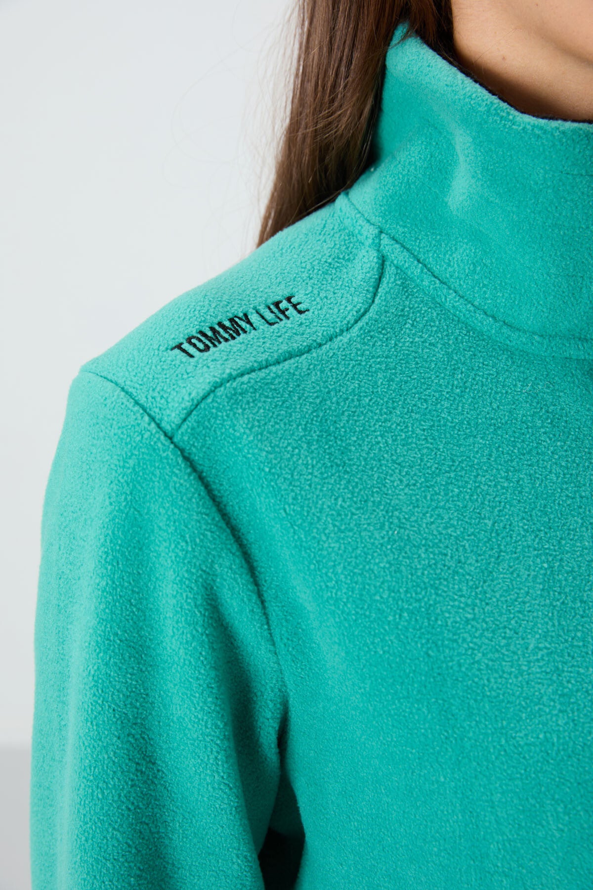 Image of Deniz Yeşili Dik Yaka Fermuarlı Rahat Form Kadın Polar Sweatshirt - 97173