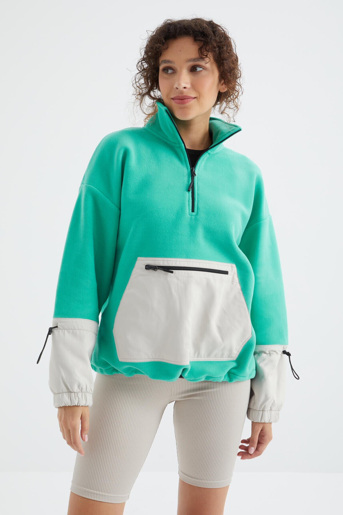 Image of Deniz Yeşili Etek Ucu Büzgülü Yarım Fermuarlı Oversize Kadın Polar Sweatshirt - 97238