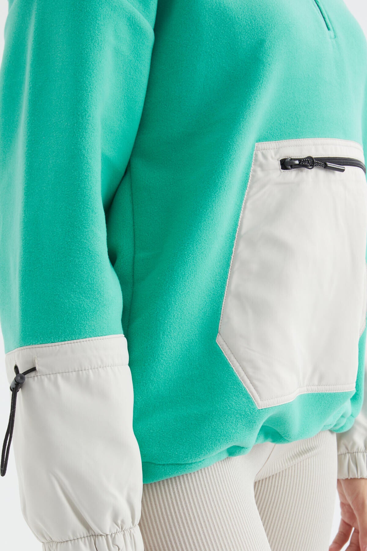 Image of Deniz Yeşili Etek Ucu Büzgülü Yarım Fermuarlı Oversize Kadın Polar Sweatshirt - 97238
