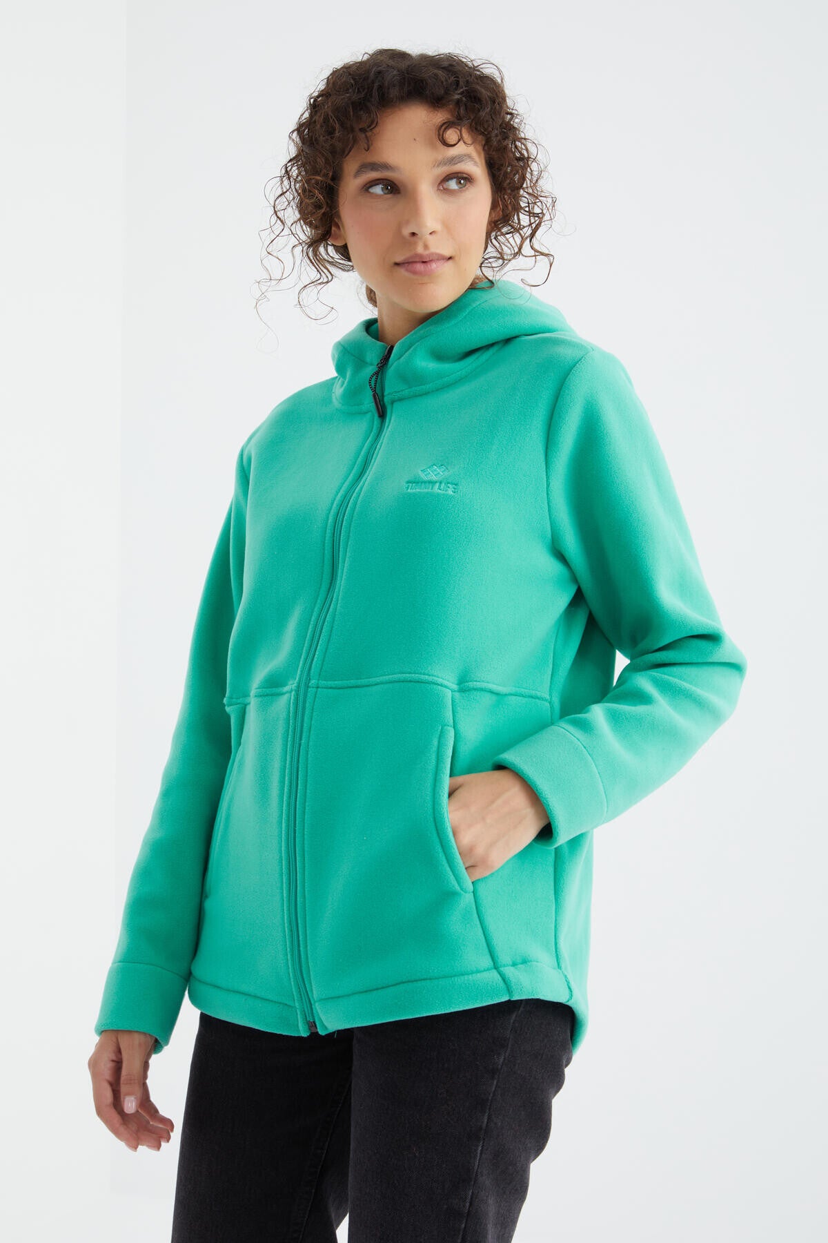 Image of Deniz Yeşili Kapüşonlu Fermuarlı Rahat Form Kadın Polar Sweatshirt - 97233