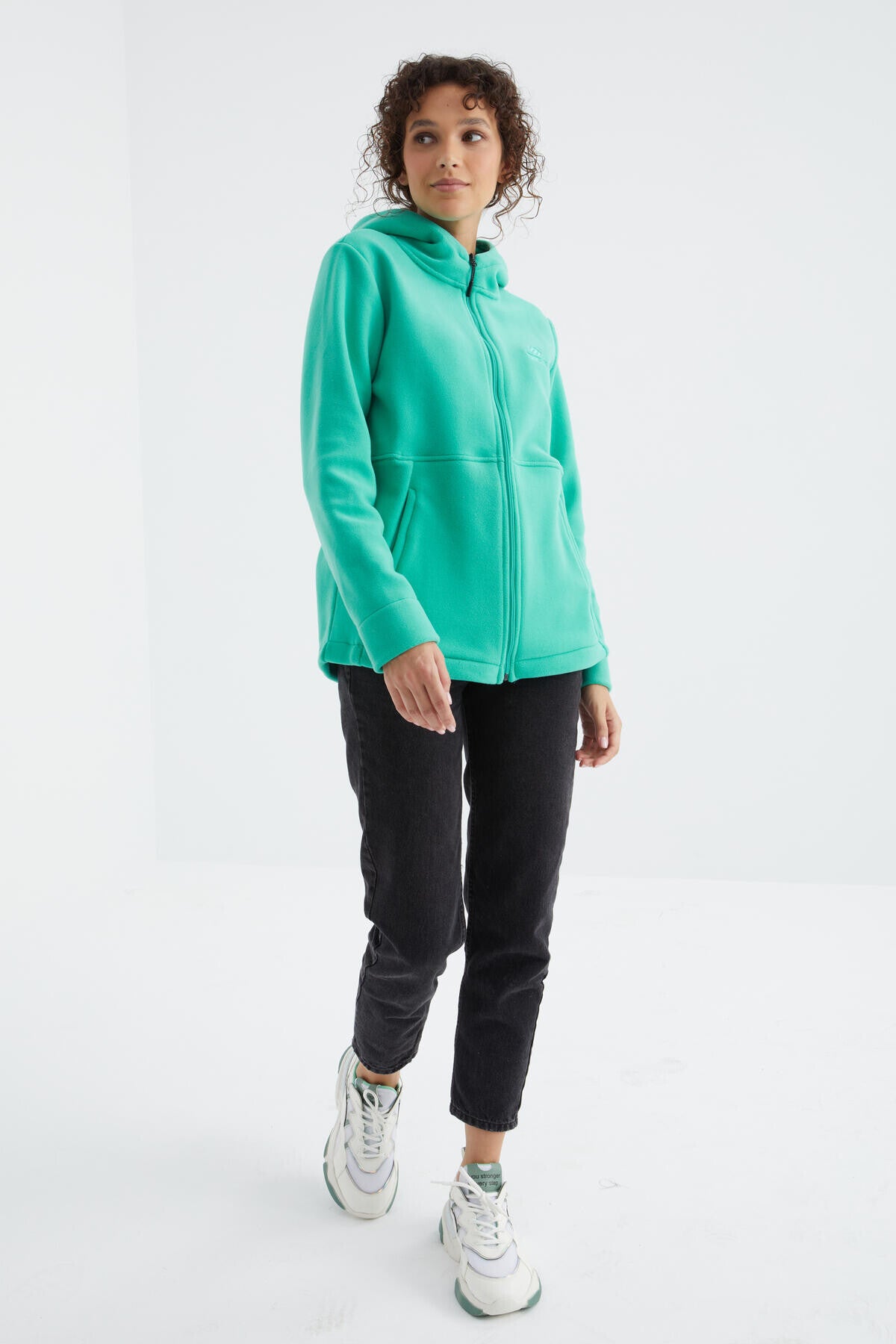 Image of Deniz Yeşili Kapüşonlu Fermuarlı Rahat Form Kadın Polar Sweatshirt - 97233