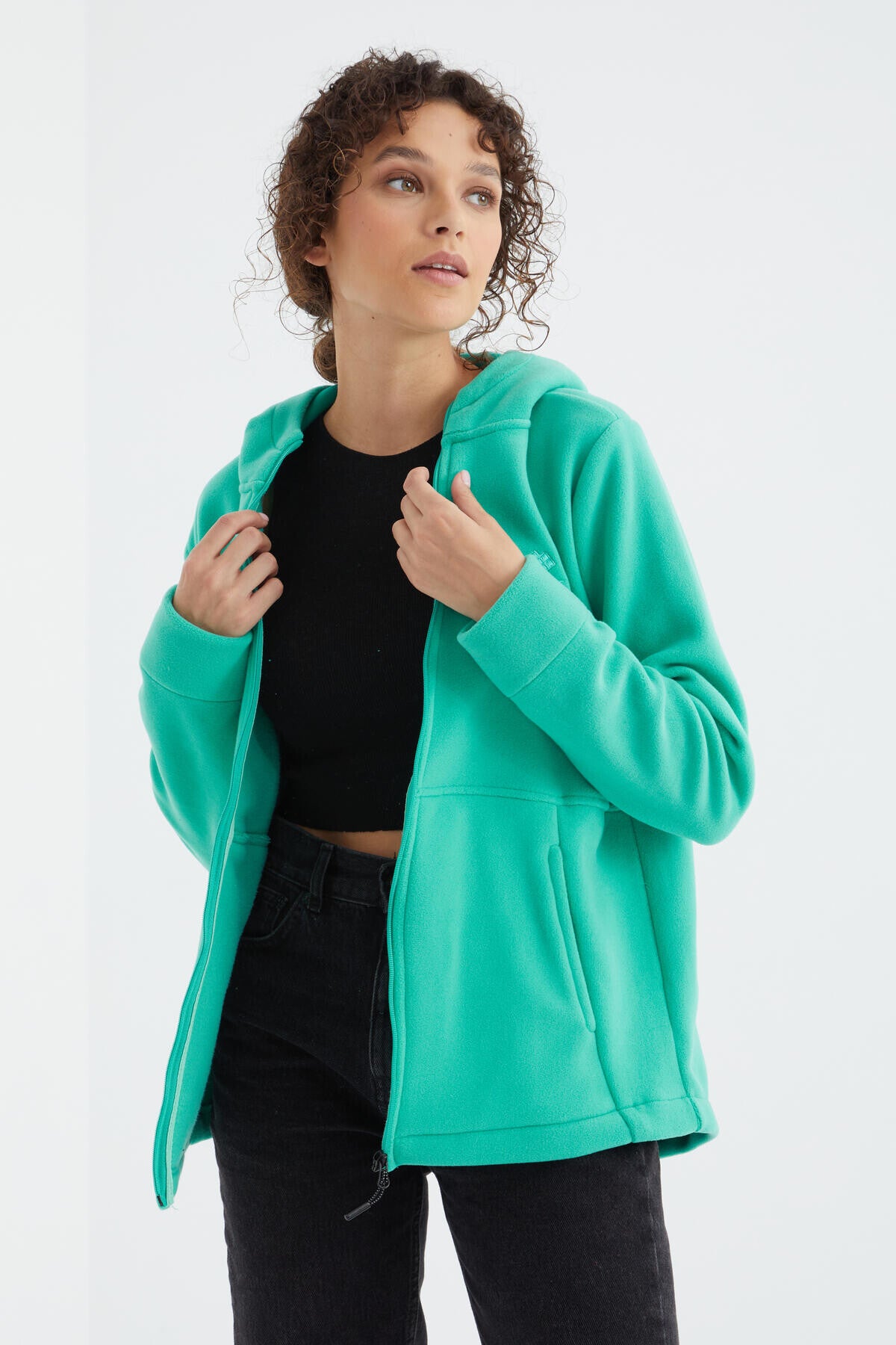 Image of Deniz Yeşili Kapüşonlu Fermuarlı Rahat Form Kadın Polar Sweatshirt - 97233