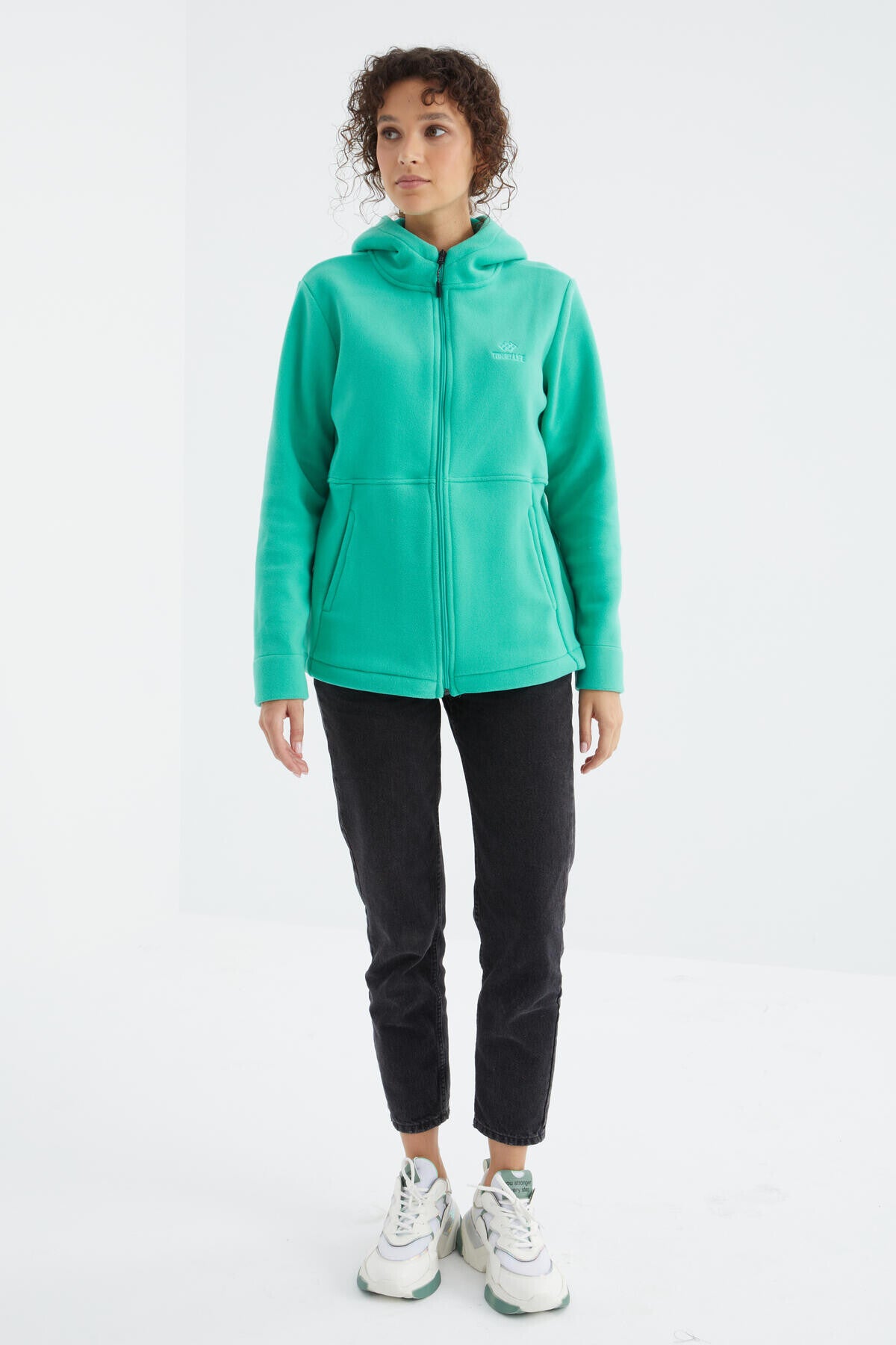 Image of Deniz Yeşili Kapüşonlu Fermuarlı Rahat Form Kadın Polar Sweatshirt - 97233
