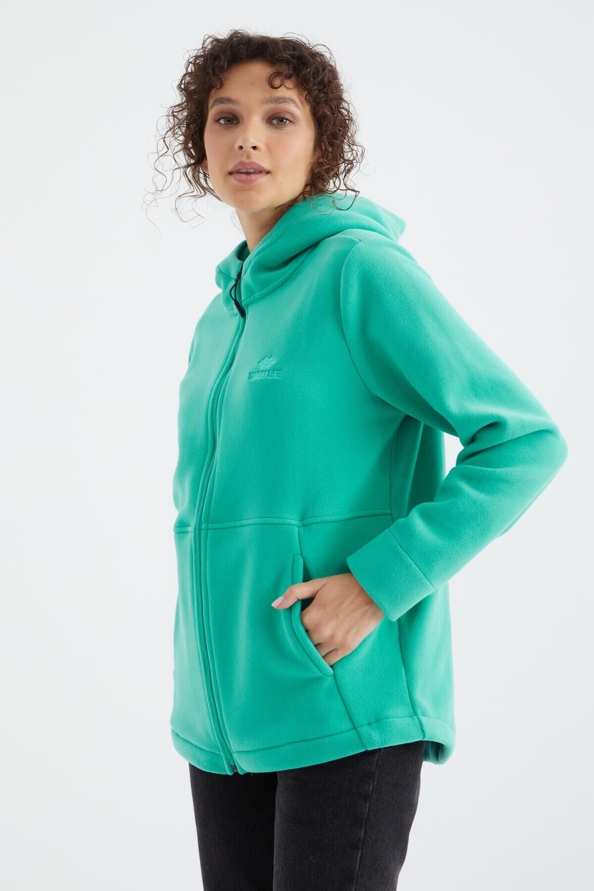 Image of Deniz Yeşili Kapüşonlu Fermuarlı Rahat Form Kadın Polar Sweatshirt - 97233