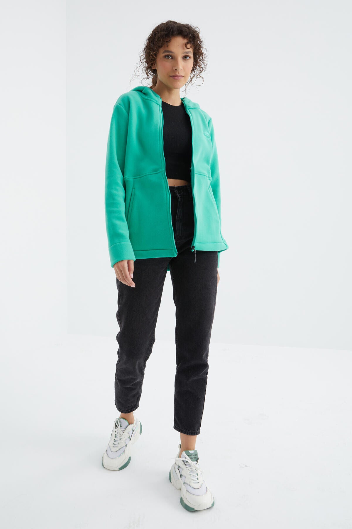 Image of Deniz Yeşili Kapüşonlu Fermuarlı Rahat Form Kadın Polar Sweatshirt - 97233