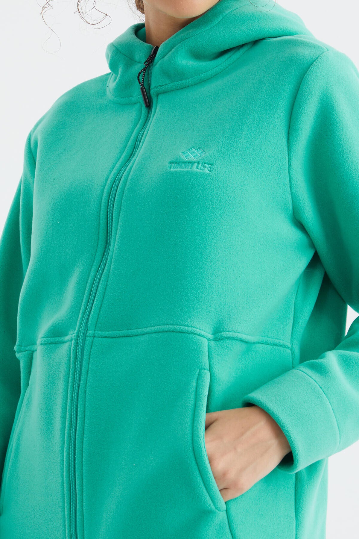Image of Deniz Yeşili Kapüşonlu Fermuarlı Rahat Form Kadın Polar Sweatshirt - 97233