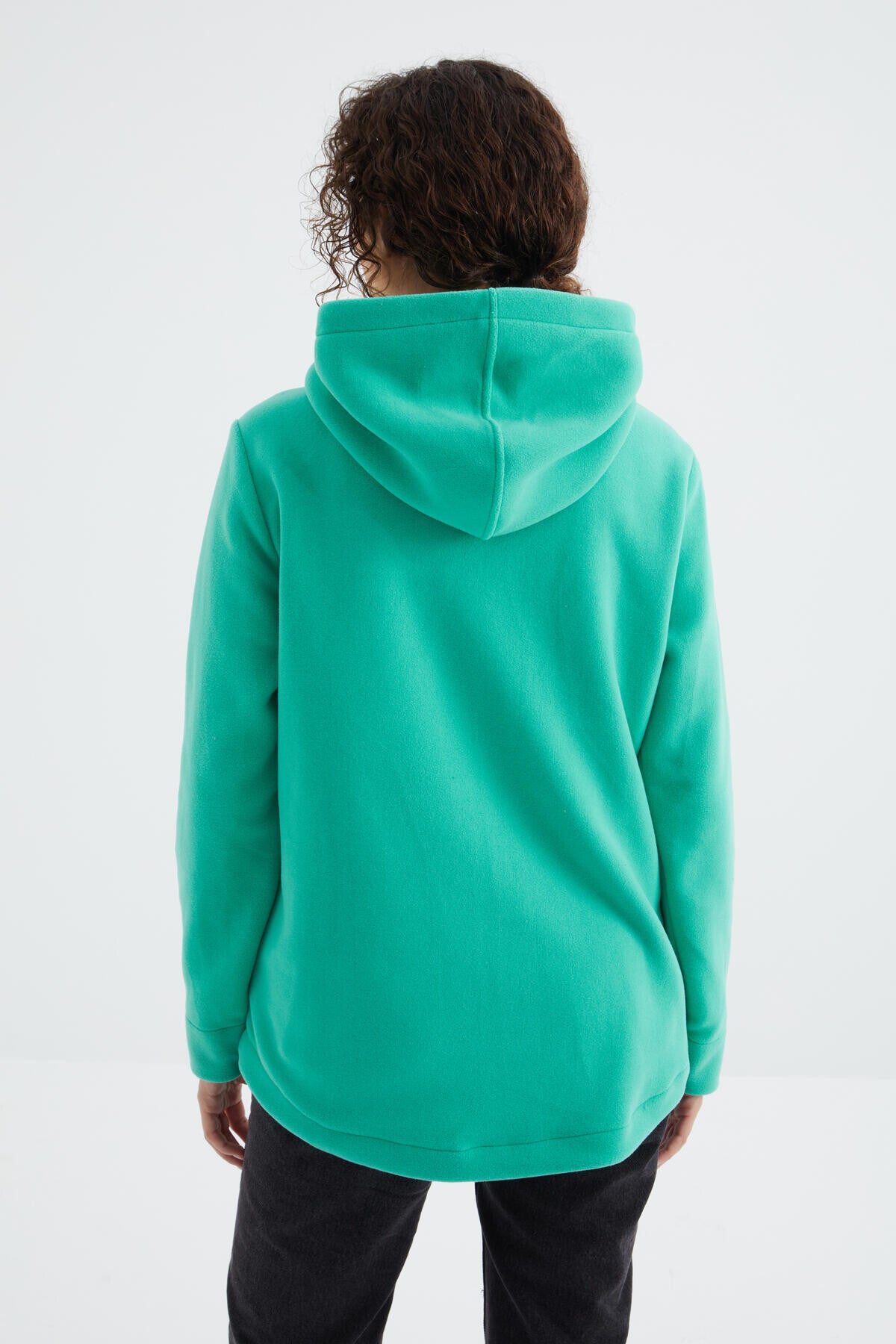 Image of Deniz Yeşili Kapüşonlu Fermuarlı Rahat Form Kadın Polar Sweatshirt - 97233