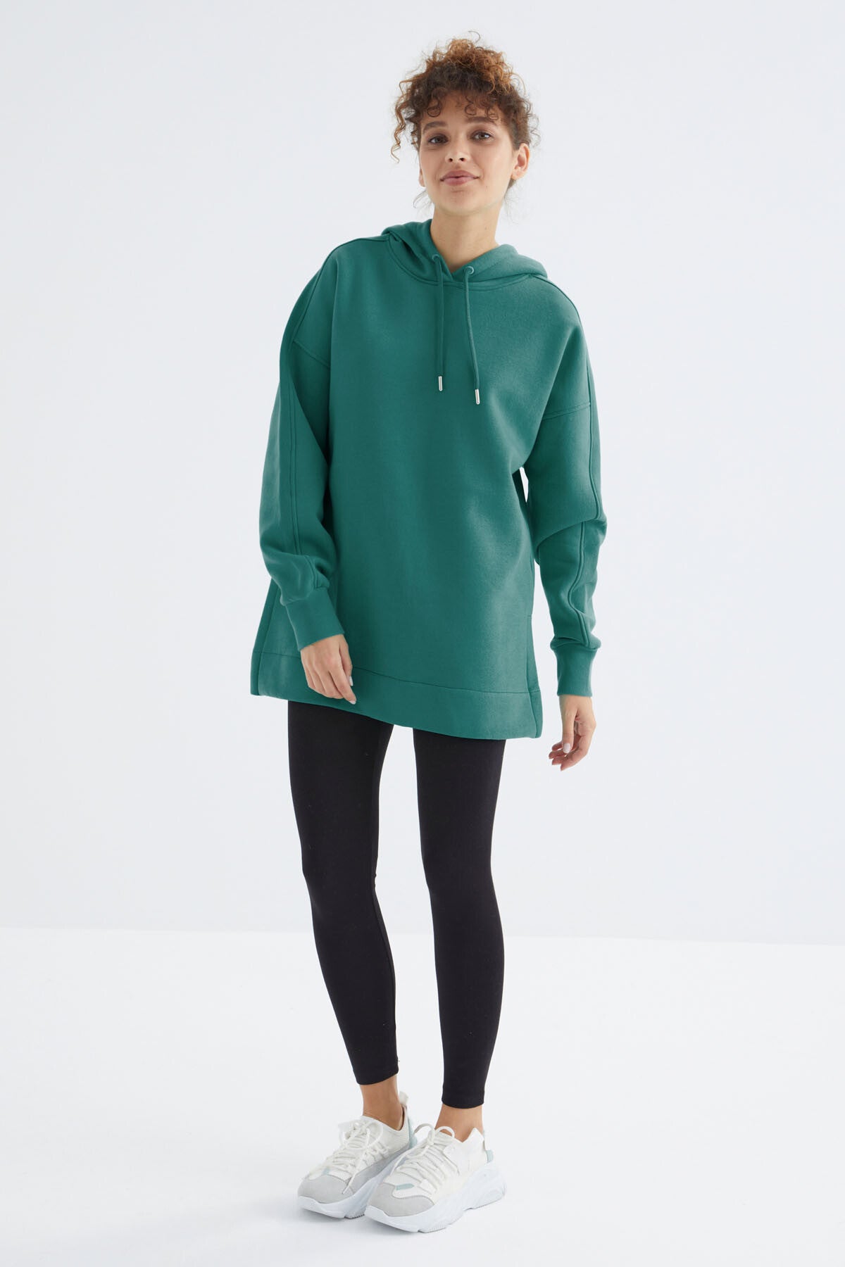 Image of Deniz Yeşili Reglan Kol Basic Kapüşonlu Oversize Sweatshirt Tunik - 97242