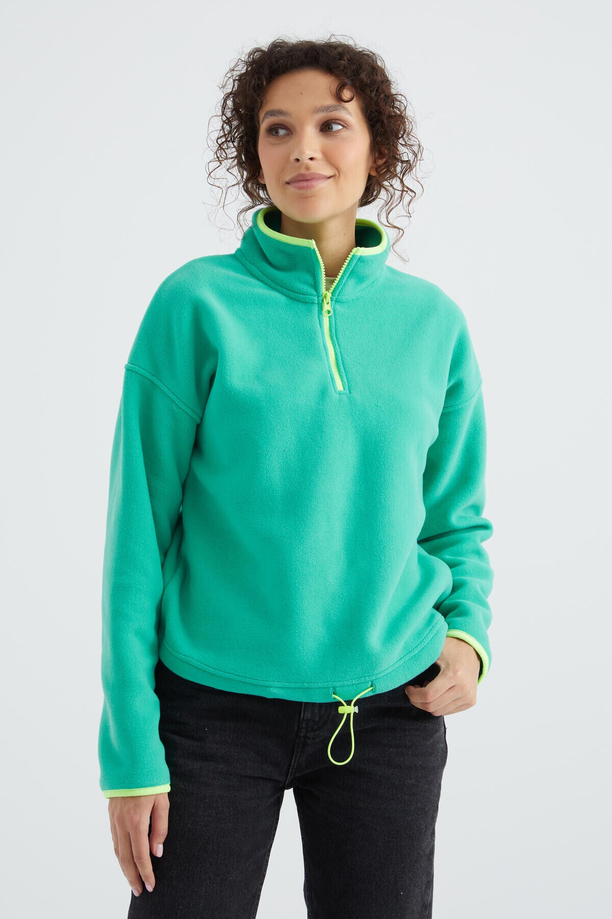 Image of Deniz Yeşili Yarım Fermuar Etek Ucu Büzgülü Dik Yaka Oversize Kadın Polar Sweatshirt - 97234