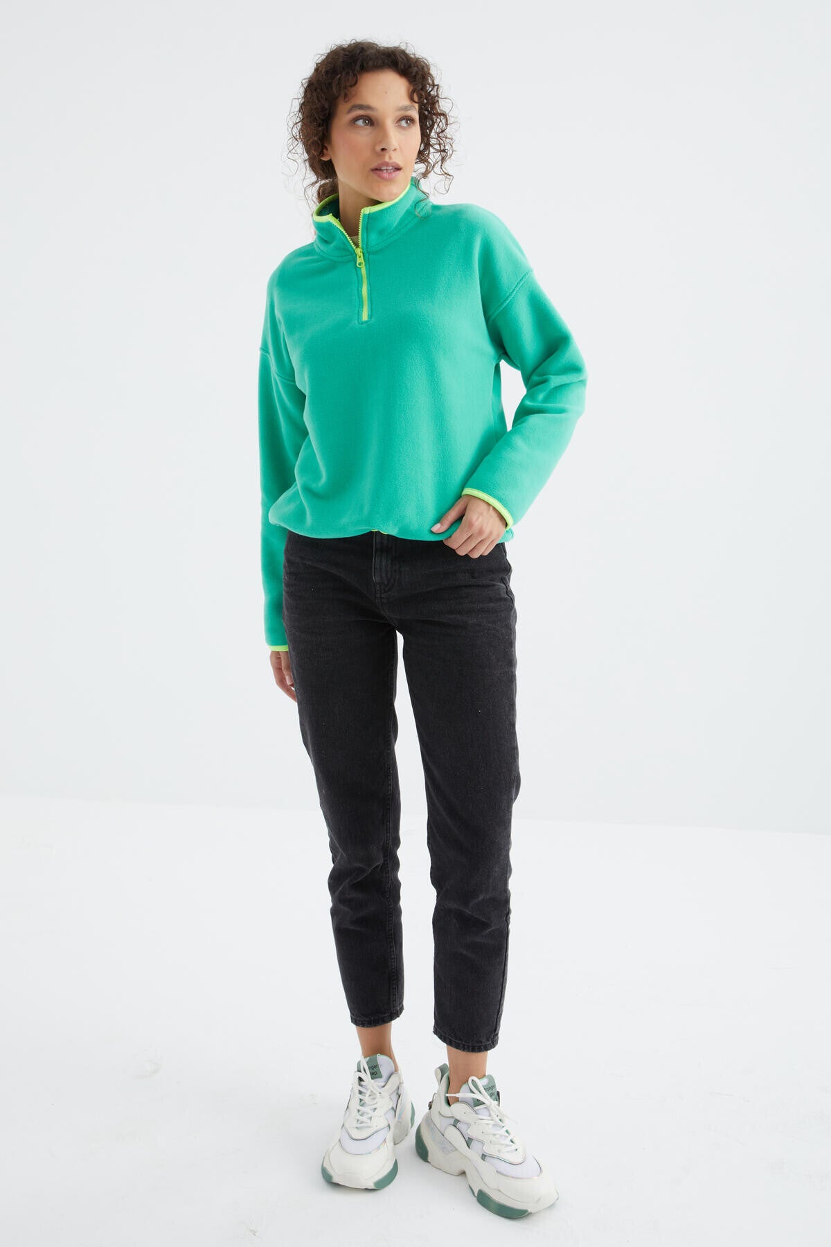 Image of Deniz Yeşili Yarım Fermuar Etek Ucu Büzgülü Dik Yaka Oversize Kadın Polar Sweatshirt - 97234