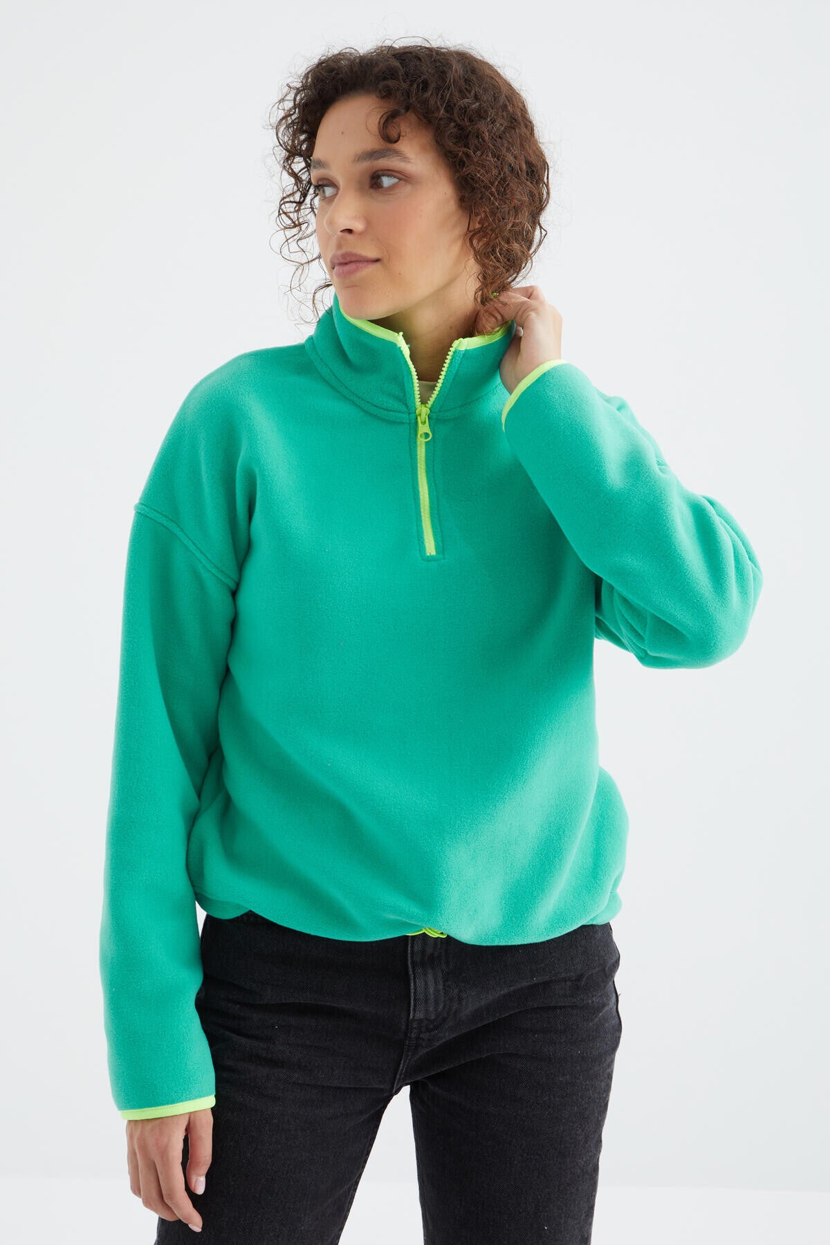 Image of Deniz Yeşili Yarım Fermuar Etek Ucu Büzgülü Dik Yaka Oversize Kadın Polar Sweatshirt - 97234