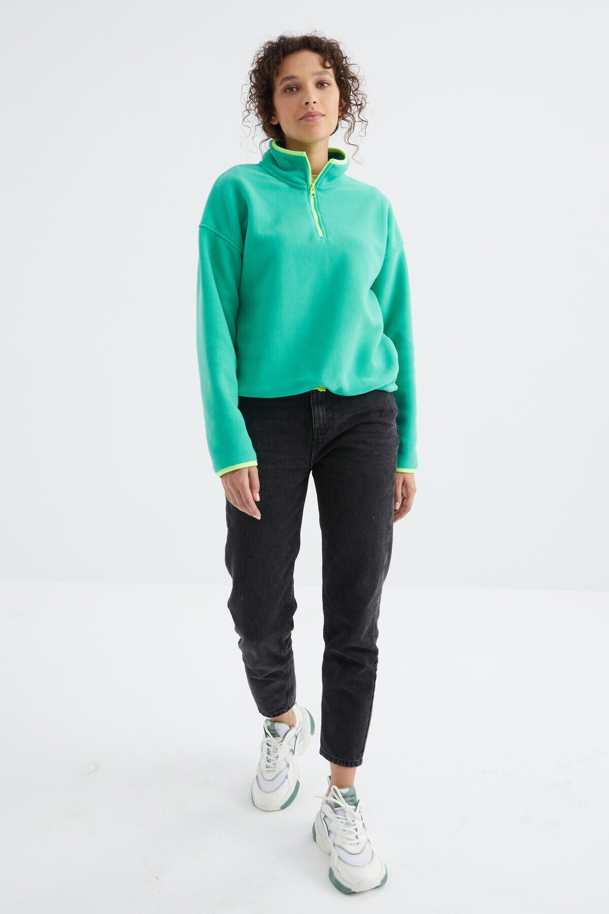 Image of Deniz Yeşili Yarım Fermuar Etek Ucu Büzgülü Dik Yaka Oversize Kadın Polar Sweatshirt - 97234