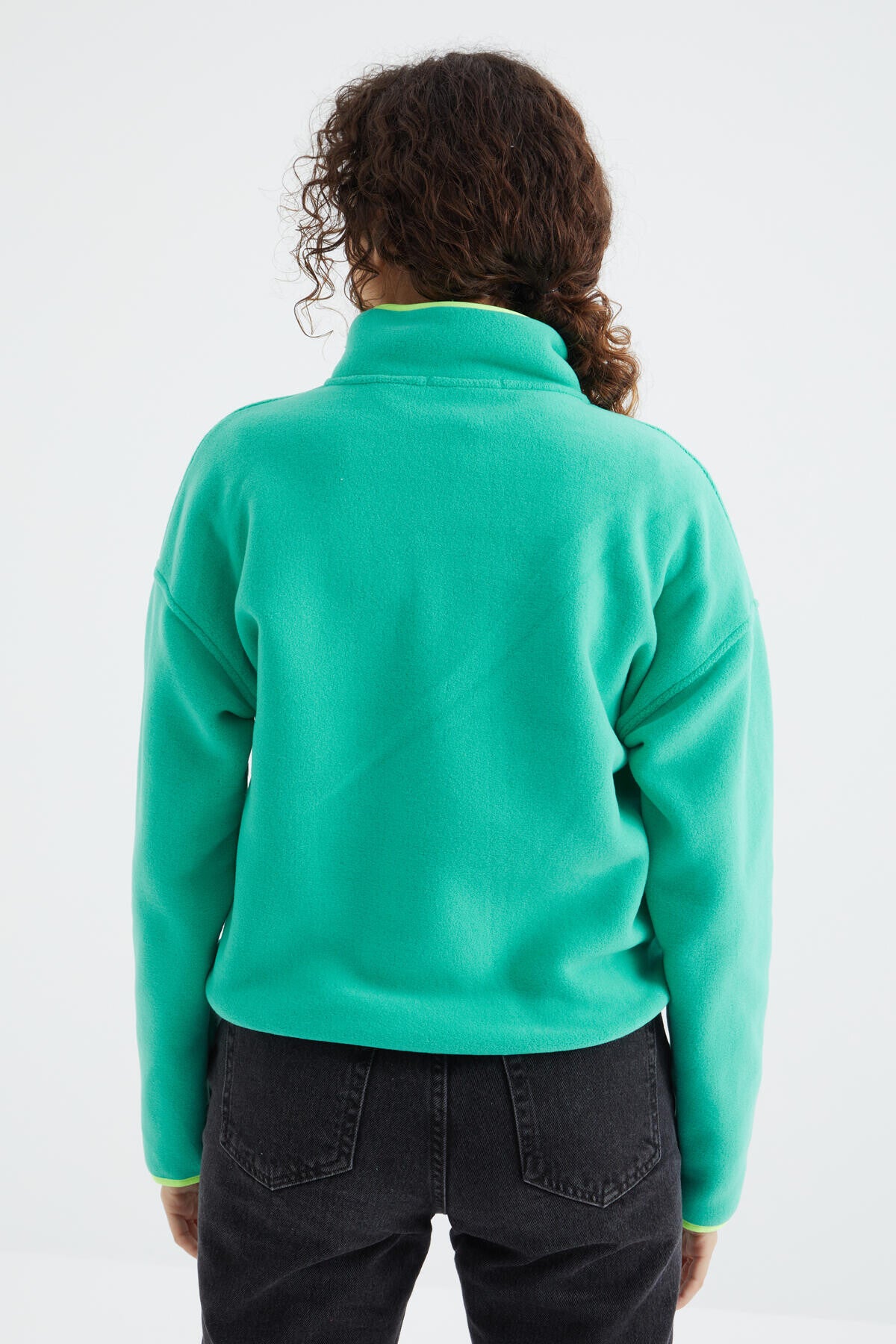 Image of Deniz Yeşili Yarım Fermuar Etek Ucu Büzgülü Dik Yaka Oversize Kadın Polar Sweatshirt - 97234