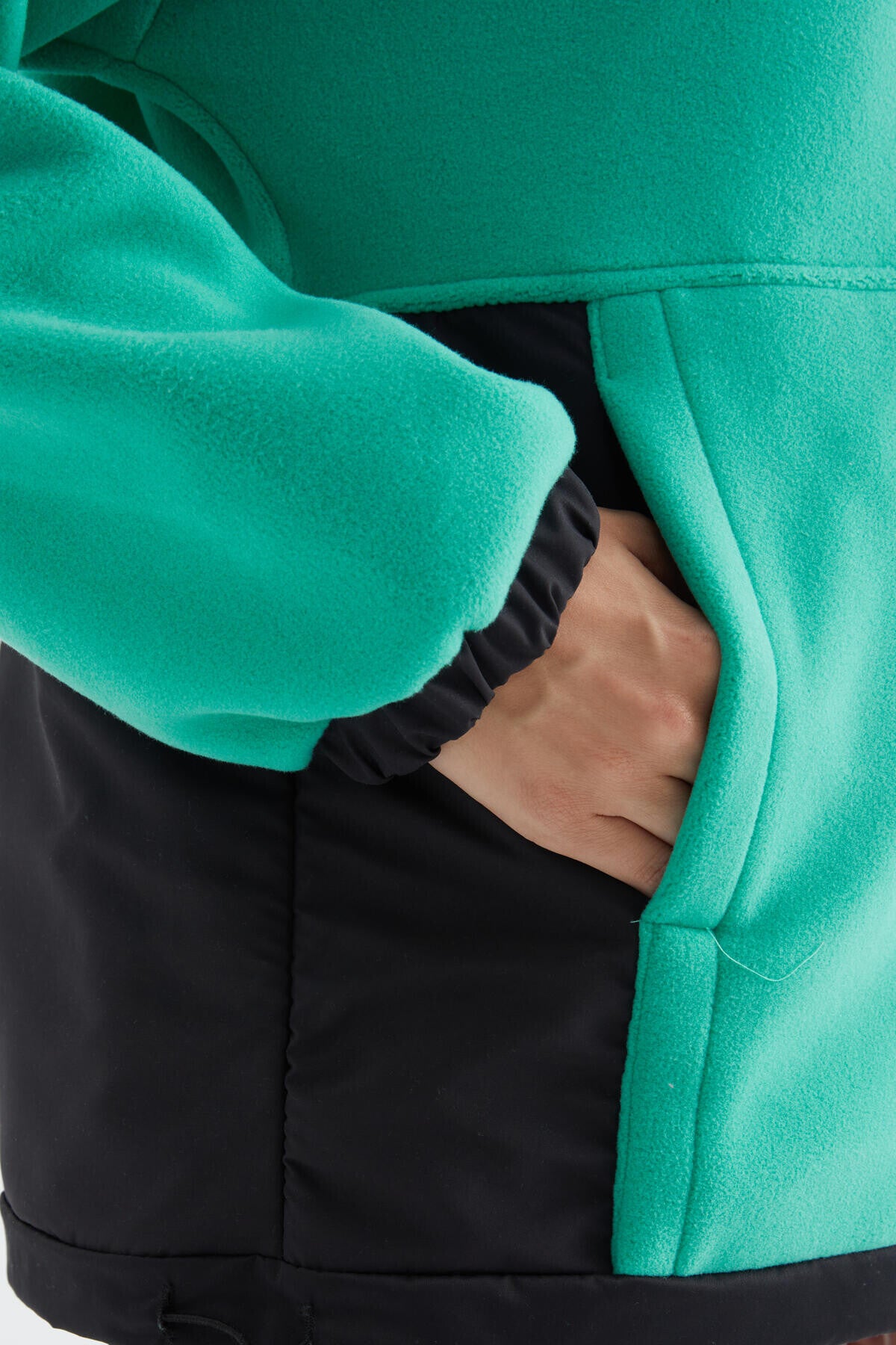 Image of Deniz Yeşili Yarım Fermuar Etek Ucu Büzgülü Dik Yaka  Oversize Kadın Polar Sweatshirt - 97236