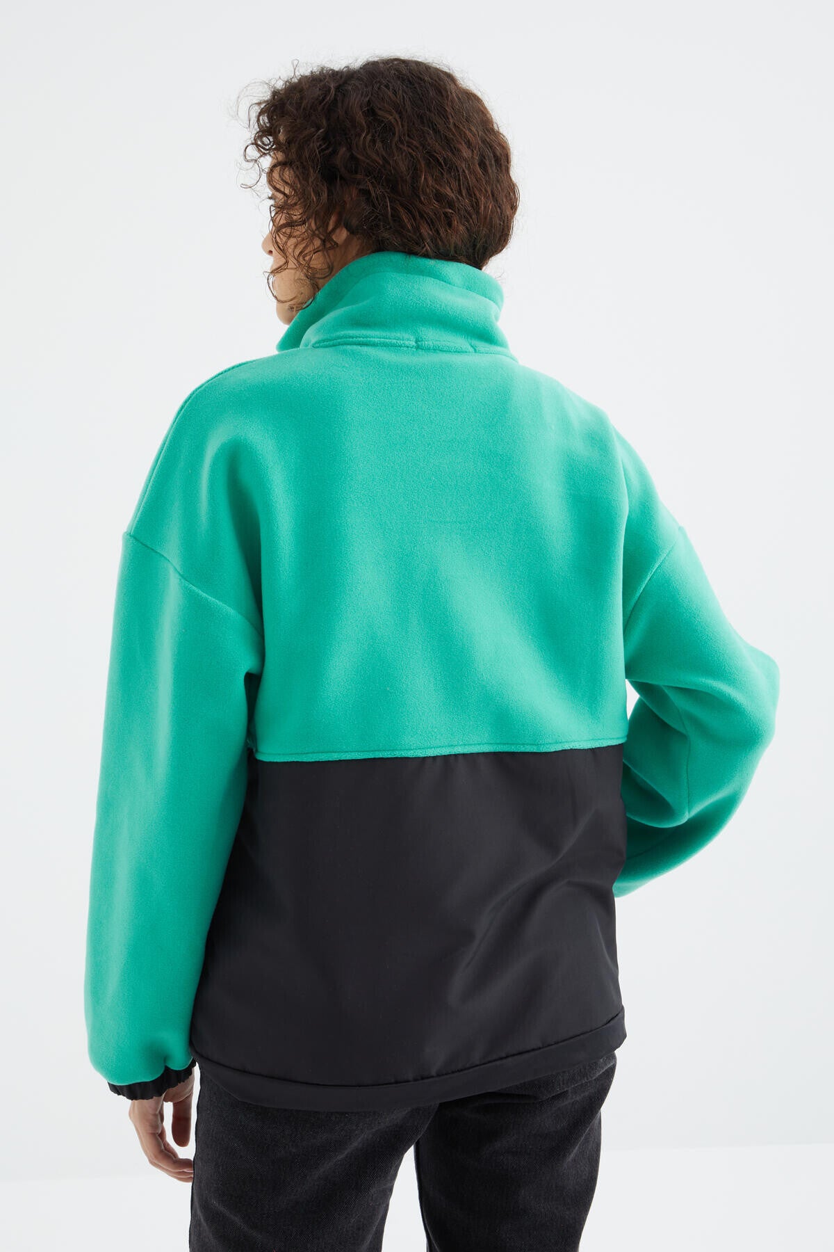 Image of Deniz Yeşili Yarım Fermuar Etek Ucu Büzgülü Dik Yaka  Oversize Kadın Polar Sweatshirt - 97236
