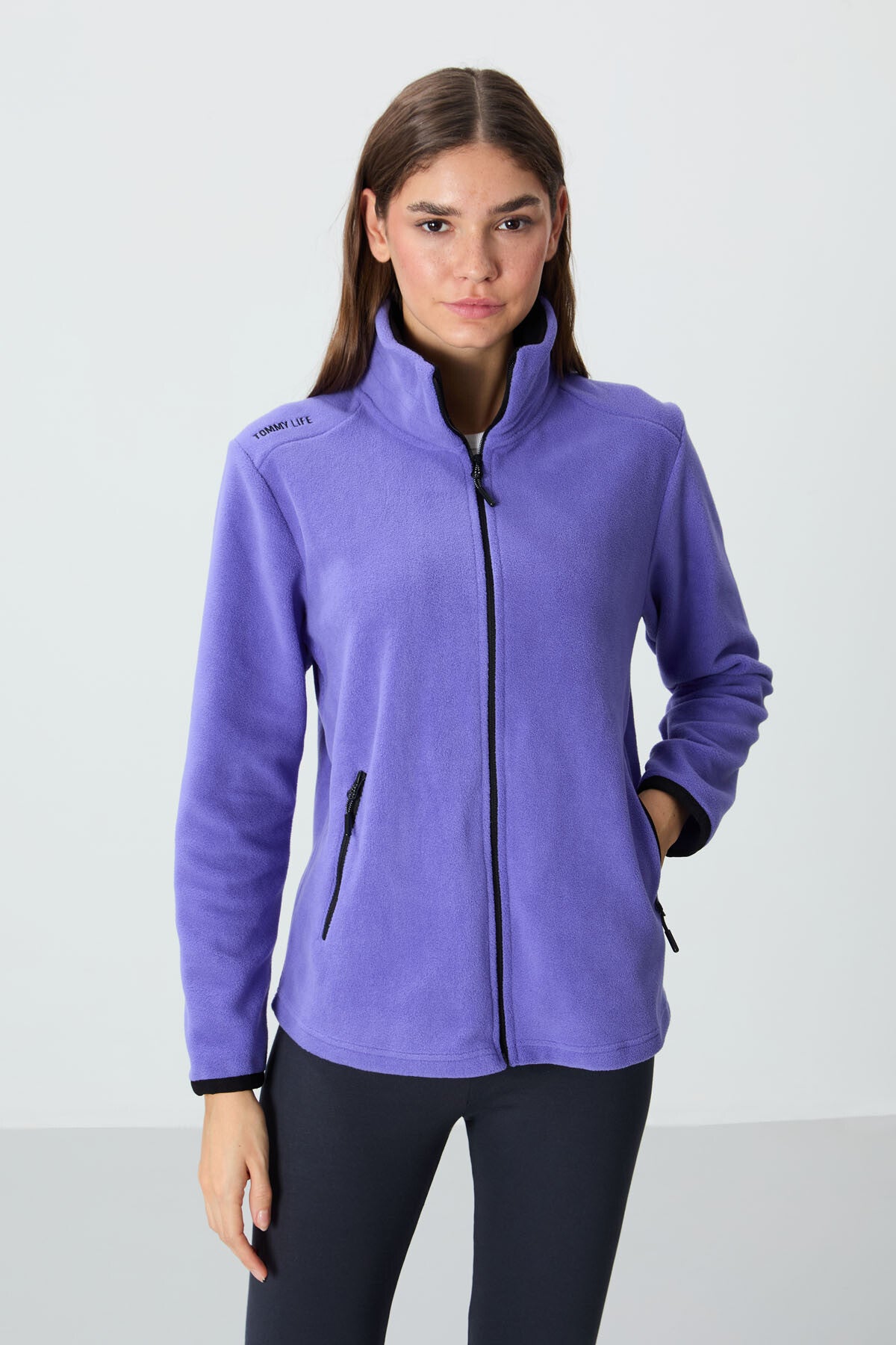 Image of Eflatun Dik Yaka Fermuarlı Rahat Form Kadın Polar Sweatshirt - 97173