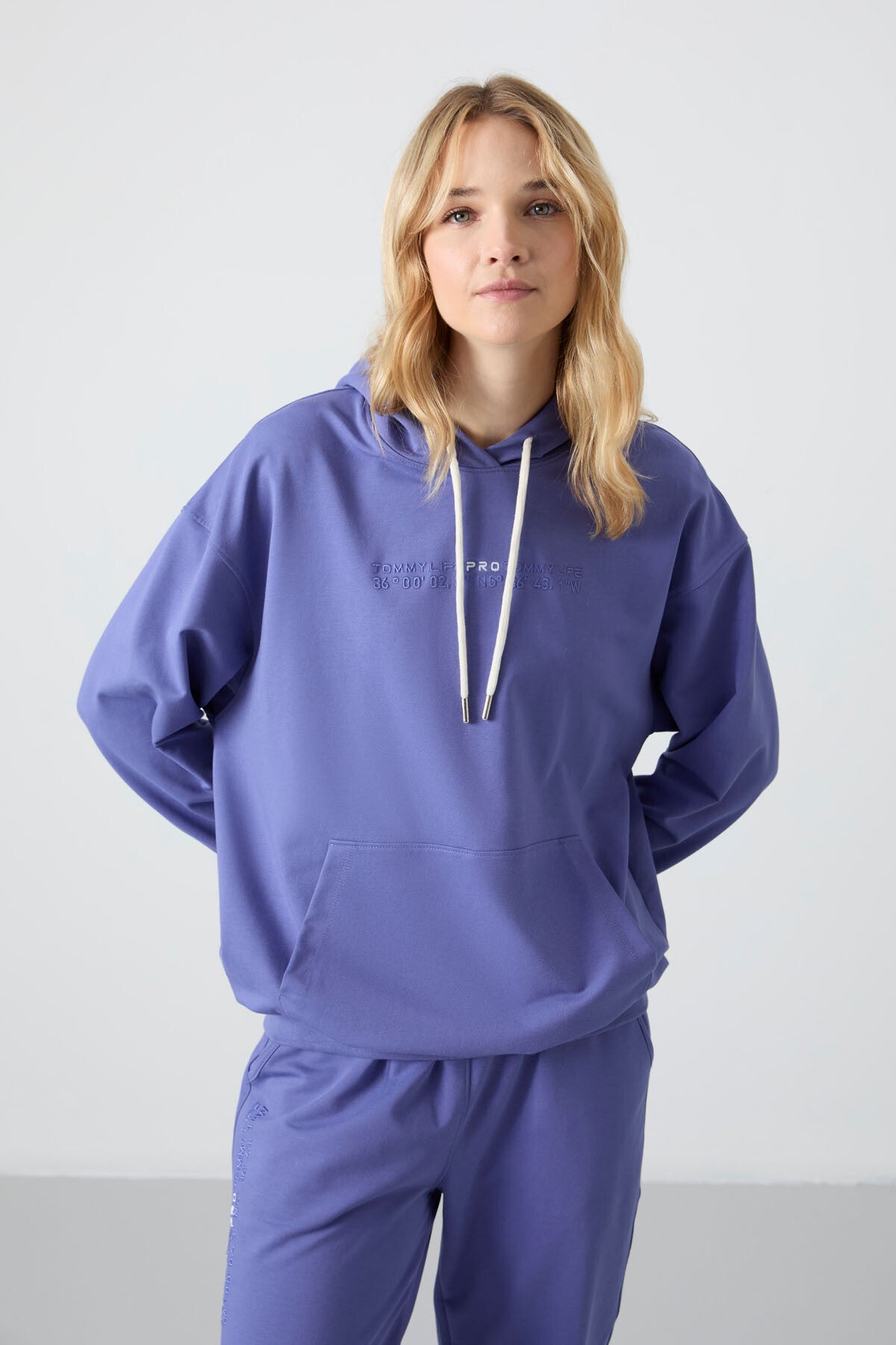 Image of Set trening pentru femei cu glugă violet, buzunar tip cangur, supradimensionat, tiv elastic - 95288