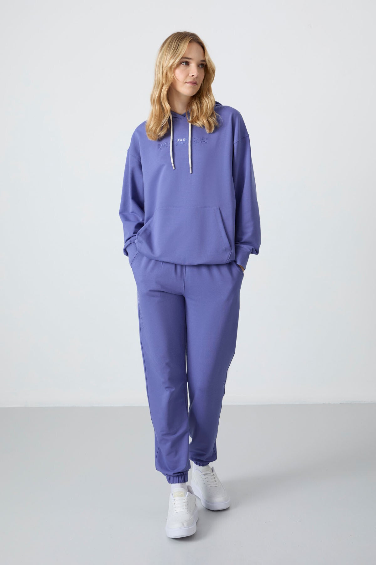 Image of Set trening pentru femei cu glugă violet, buzunar tip cangur, supradimensionat, tiv elastic - 95288