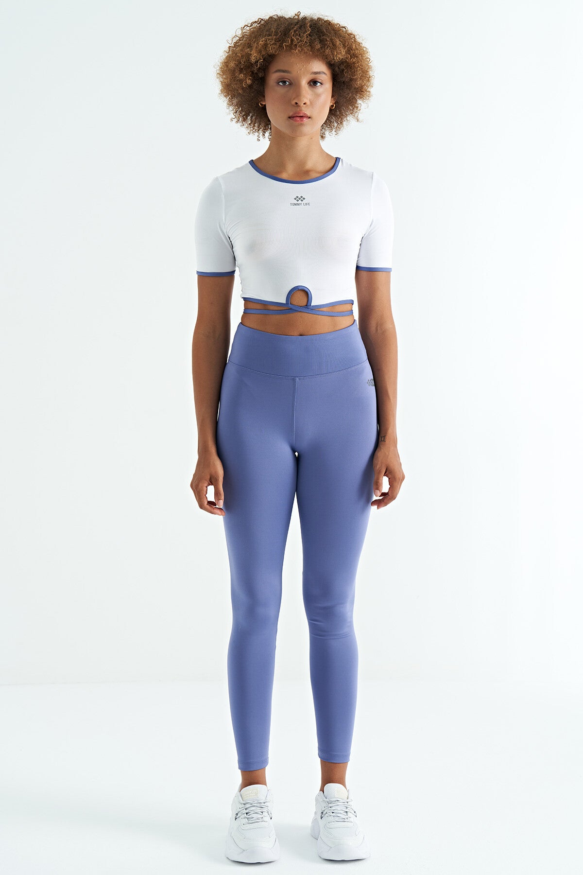 Image of Eflatun Logo Baskı Detaylı Yüksek Bel Dalgıç Kumaş Slim Fit Kadın Tayt - 94627