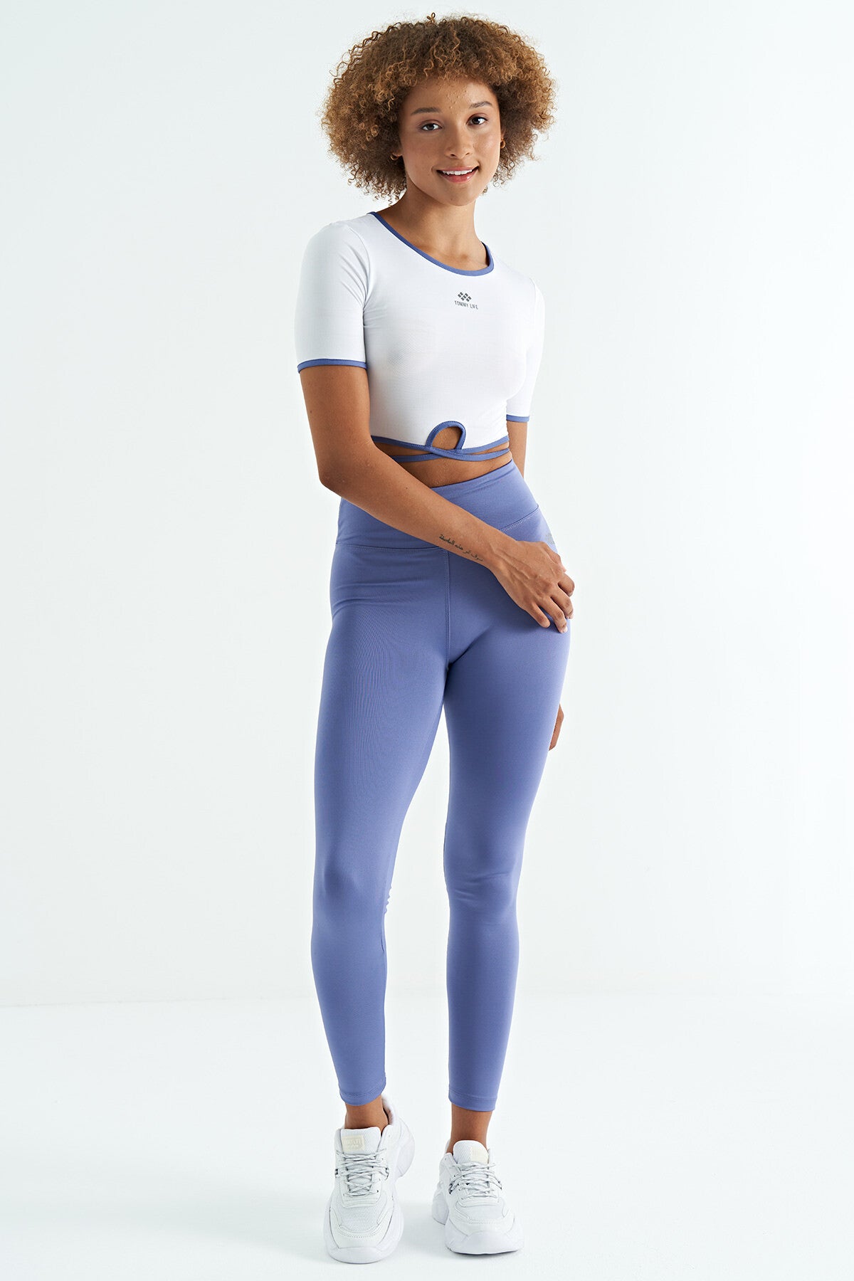 Image of Eflatun Logo Baskı Detaylı Yüksek Bel Dalgıç Kumaş Slim Fit Kadın Tayt - 94627