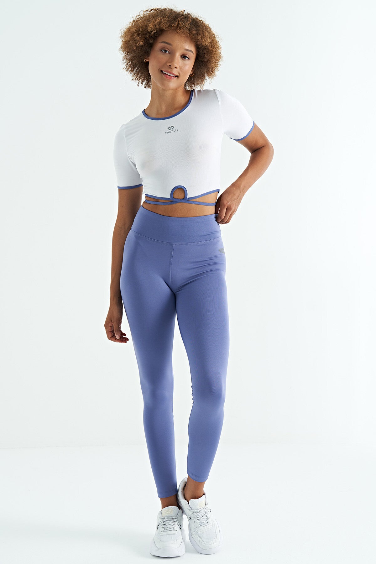 Image of Eflatun Logo Baskı Detaylı Yüksek Bel Dalgıç Kumaş Slim Fit Kadın Tayt - 94627