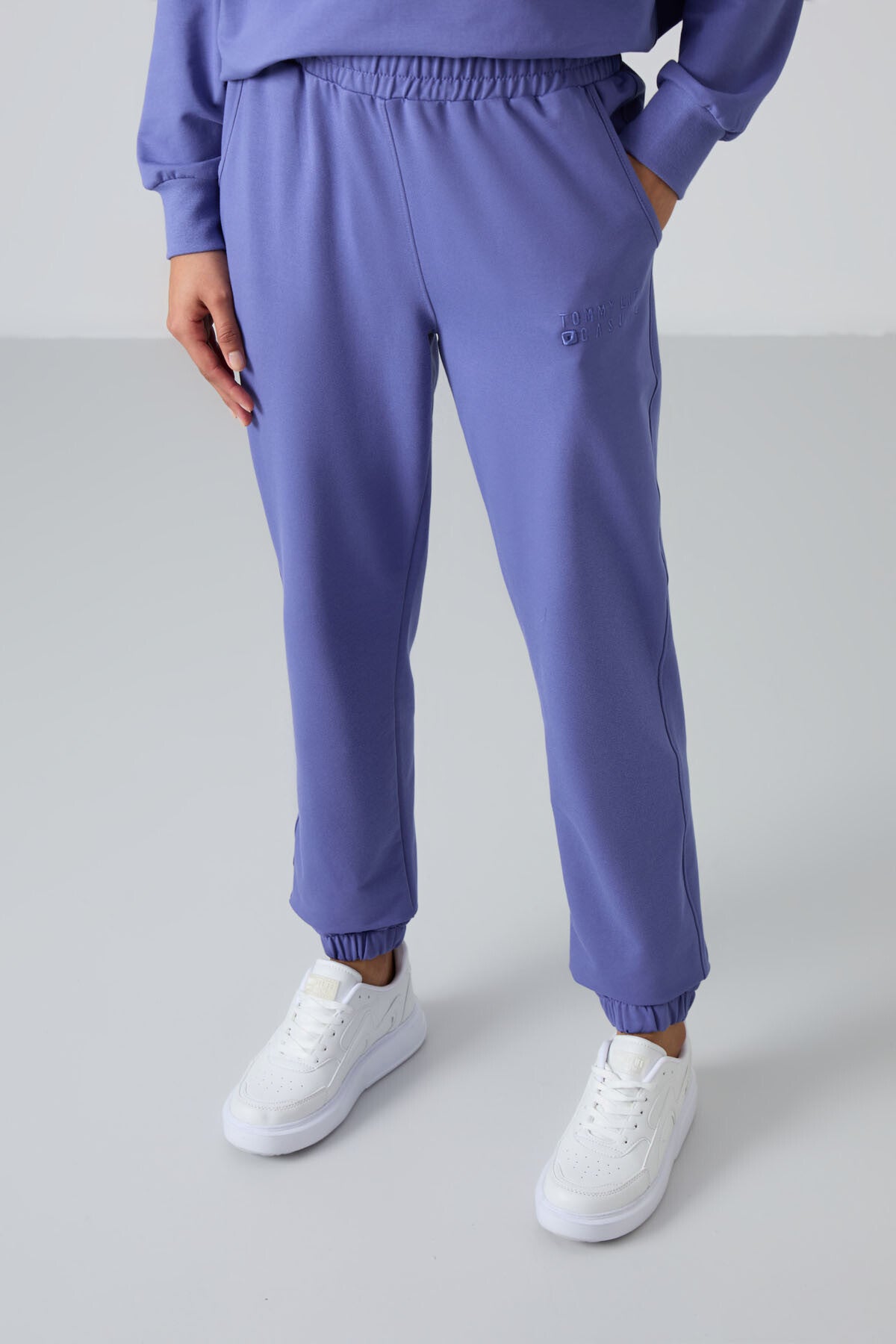 Image of Eflatun Basic Pamuklu O Yaka Oversize Lastik Paça Kadın Eşofman Takım - 95287