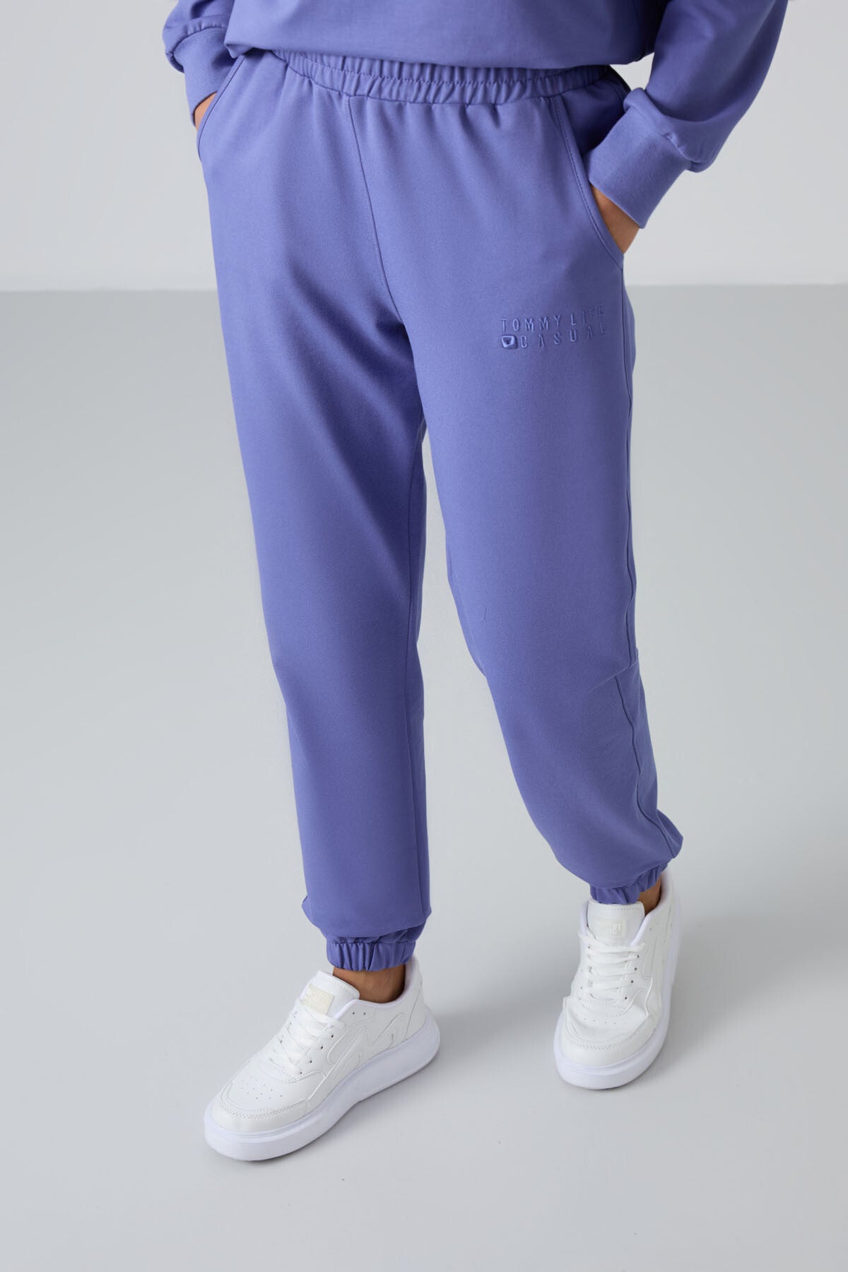 Image of Eflatun Basic Pamuklu O Yaka Oversize Lastik Paça Kadın Eşofman Takım - 95287
