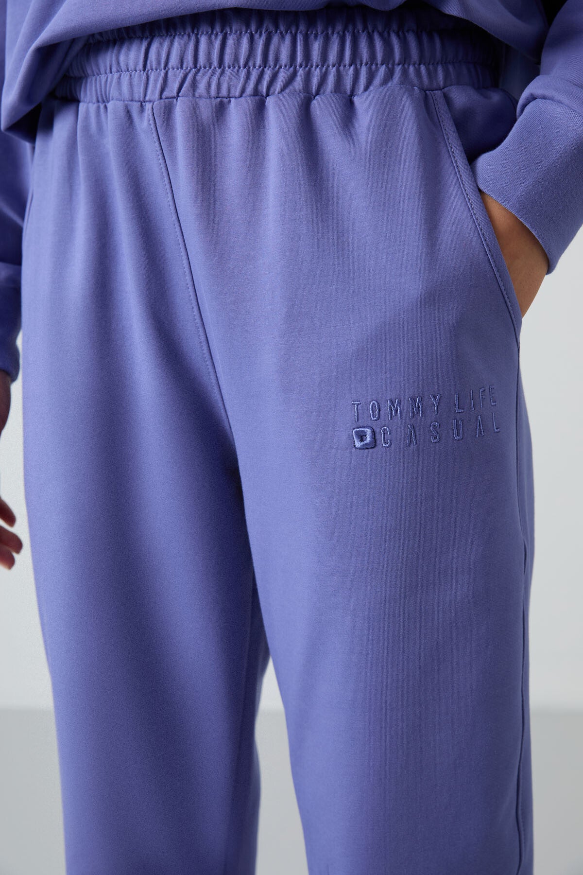 Image of Eflatun Basic Pamuklu O Yaka Oversize Lastik Paça Kadın Eşofman Takım - 95287