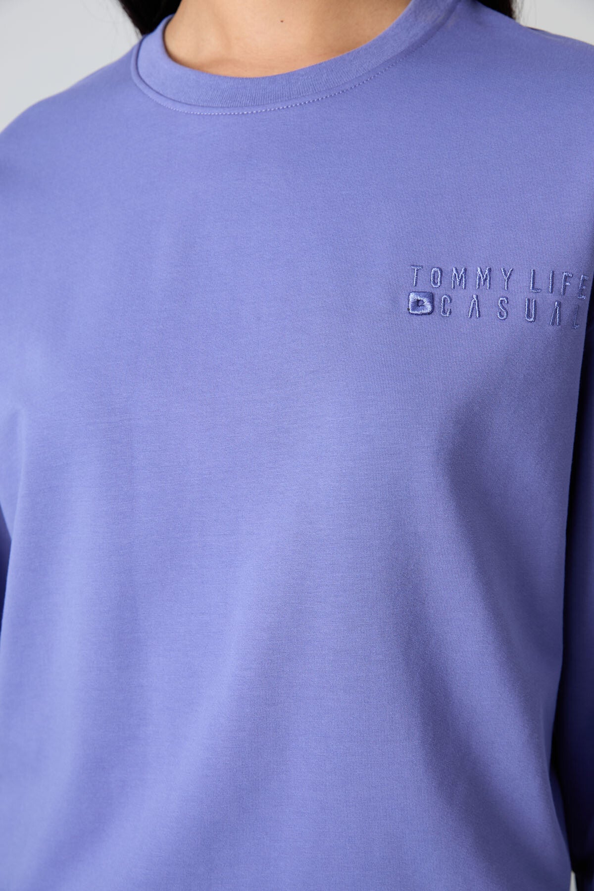 Image of Eflatun Basic Pamuklu O Yaka Oversize Lastik Paça Kadın Eşofman Takım - 95287