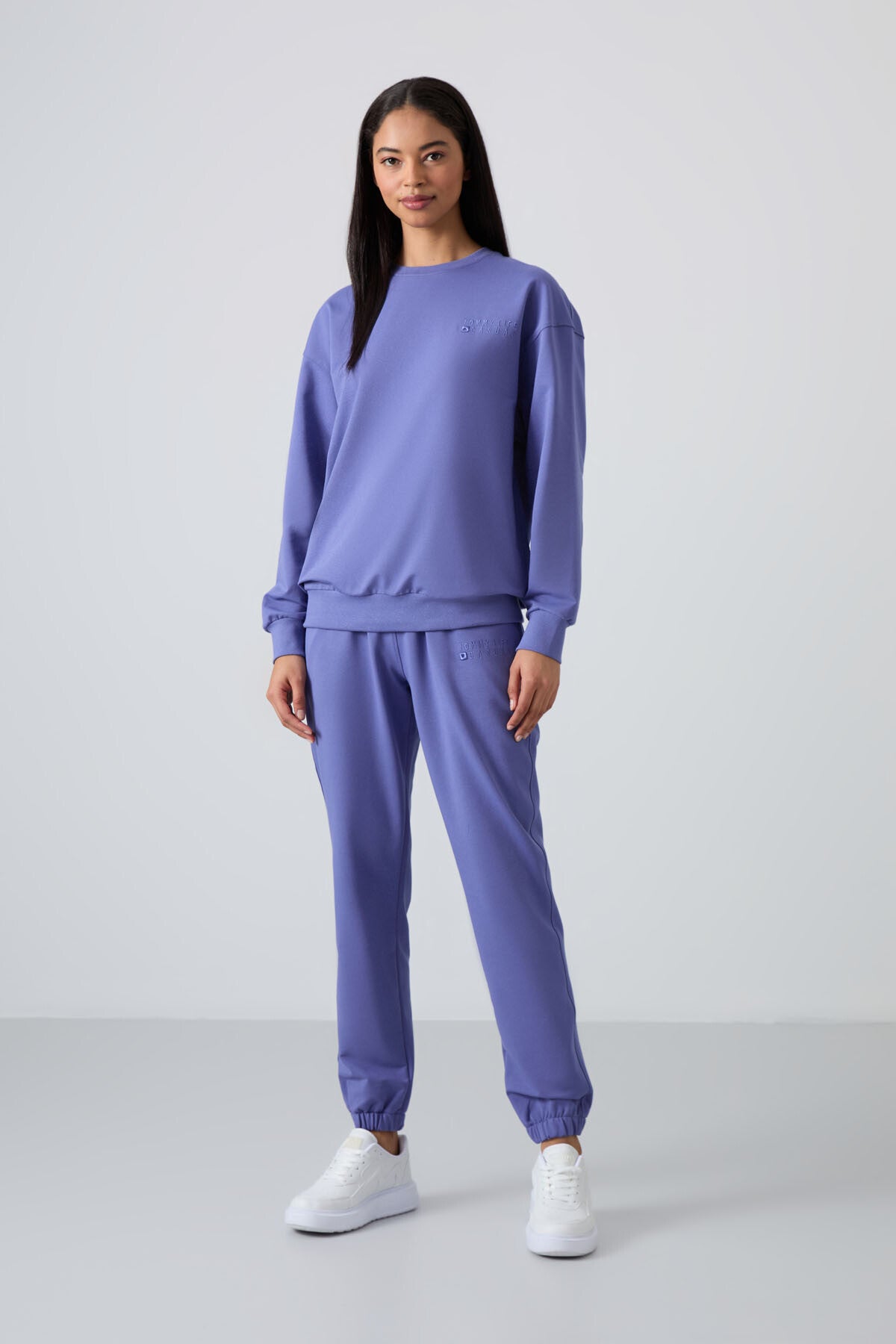 Image of Eflatun Basic Pamuklu O Yaka Oversize Lastik Paça Kadın Eşofman Takım - 95287