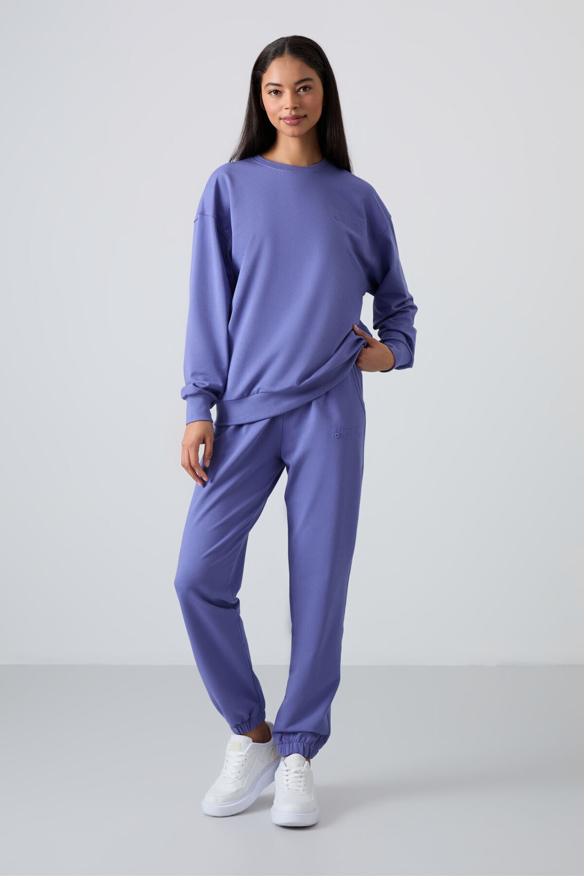 Image of Eflatun Basic Pamuklu O Yaka Oversize Lastik Paça Kadın Eşofman Takım - 95287