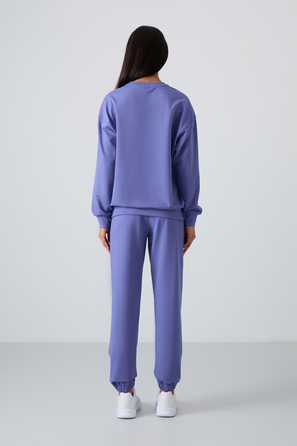 Image of Eflatun Basic Pamuklu O Yaka Oversize Lastik Paça Kadın Eşofman Takım - 95287