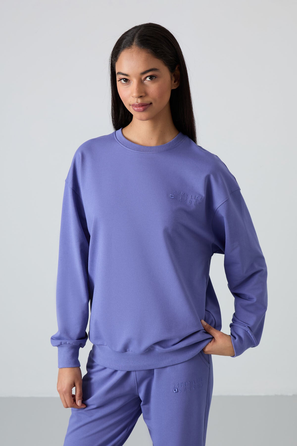 Image of Eflatun Basic Pamuklu O Yaka Oversize Lastik Paça Kadın Eşofman Takım - 95287