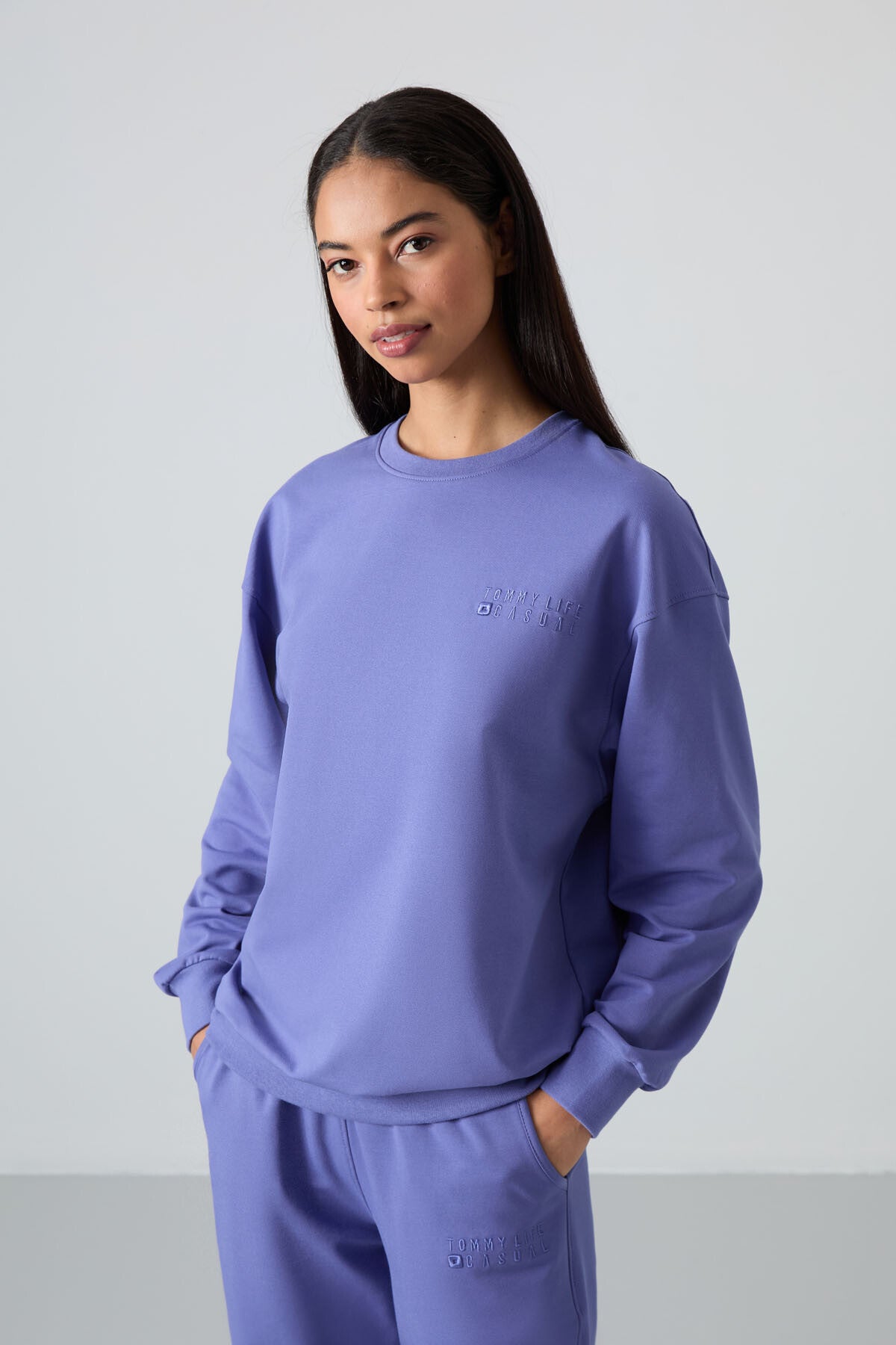 Image of Eflatun Basic Pamuklu O Yaka Oversize Lastik Paça Kadın Eşofman Takım - 95287